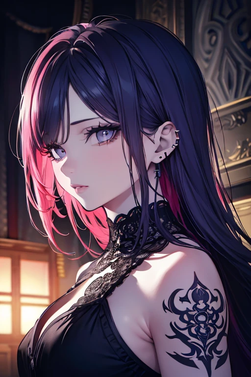 hair above one eye, red eyes, clear eyes, choker, open jacket, towards the wall,shineing grafiti, shineing tattoos, shine, neon light, Black light,anime style, movieポートレート写真, 1 female, 22 years ago, Full body Esbian,Blue eyes background, big and full breasts, anger, (scarlet colored hair), long hair, purple eyes, wearing a short black dress, (natural skin texture vivid details, surreal, (realistic detailed eyes, natural skin texture, realistic facial details), soft and dramatic lighting, Depth of written boundary, Bokeh, vivid details, surreal, 35mm movie, hazy blur, movie,lipstick, ear piercing, eye shadow, hoop earrings, Red-pink lips, 多色のred eyes, purple theme,Wear an iridescent aura,beautiful eyes,stand in front of the red gate、bold pose、decide on a pose,upper ponytail,Hanging bangs