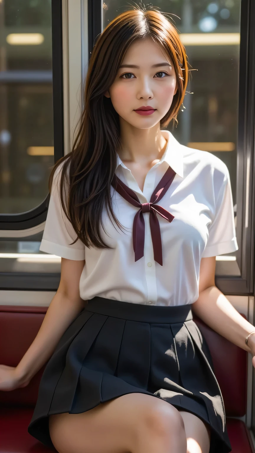 (1young girls), (extremely detailed beautiful face), Amazing face and eyes, (Best Quality:1.4), (Ultra-detailed), (extremely detailed CG unified 8k wallpaper), Highly detailed, High-definition raw color photos, Professional Photography, Realistic portrait, Amazing face and eyes, Pink eyes, (High School Uniform, Pleated mini-skirt:1.3), (High school uniform with wide open chest:1.5), Mini skirt, Brown hair, Model, depth of fields, School, classroom, (Squatting:1.2), (:1.4), (View from below:1.2),
