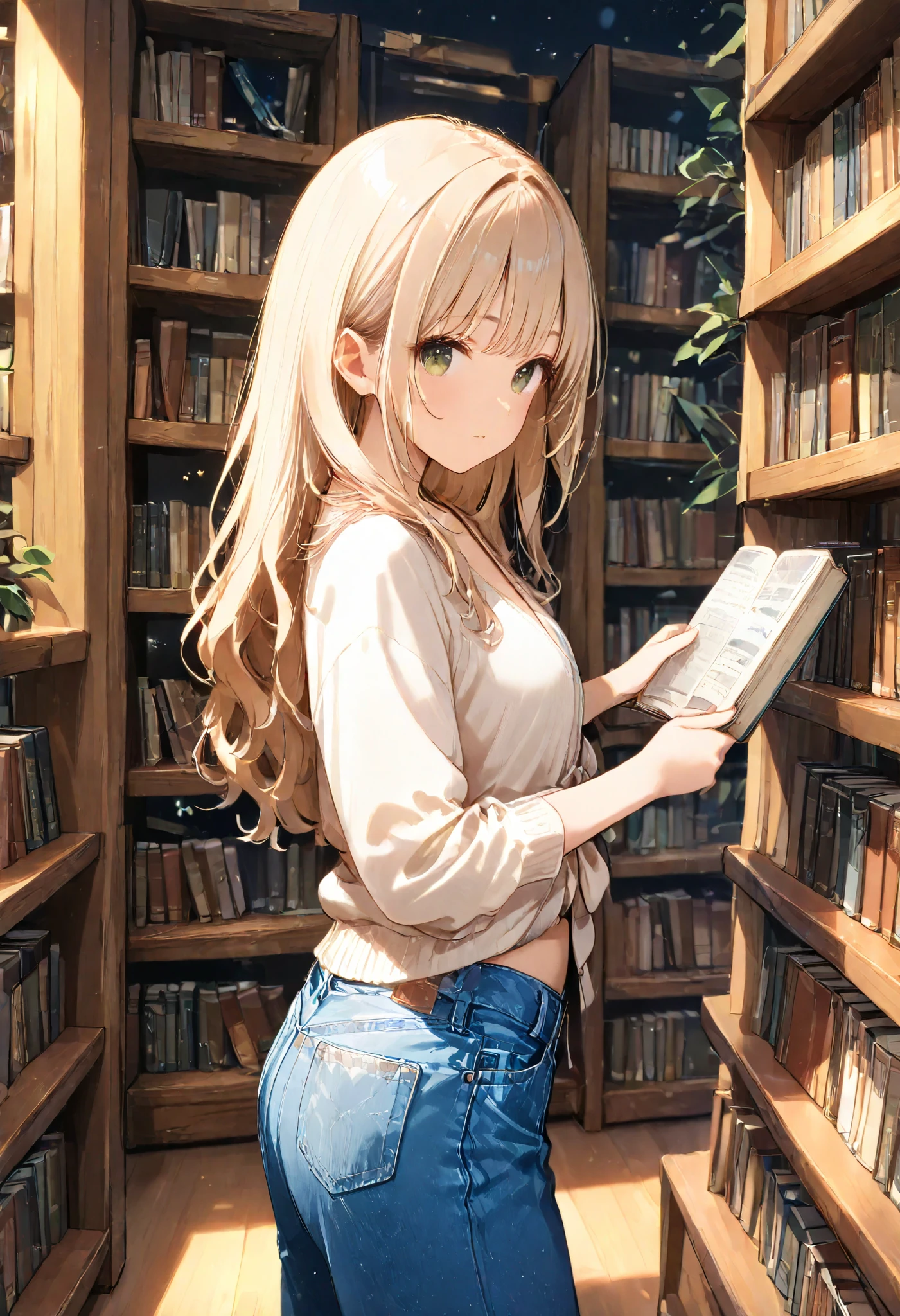 ((Best quality, 8k, Masterpiece: 1.3)), Highly detailed face and skin texture, A young woman stands in front of a large bookshelf in a library, searching for a book. She holds three books in her left arm while pointing at a book on the shelf with her right index finger. Her long, wavy hair cascades down to her waist. She wears a cozy cardigan and a pair of denim pants. The library is softly lit, with rows of books neatly arranged on the wooden shelves. The atmosphere is quiet and serene, evoking a sense of intellectual curiosity.