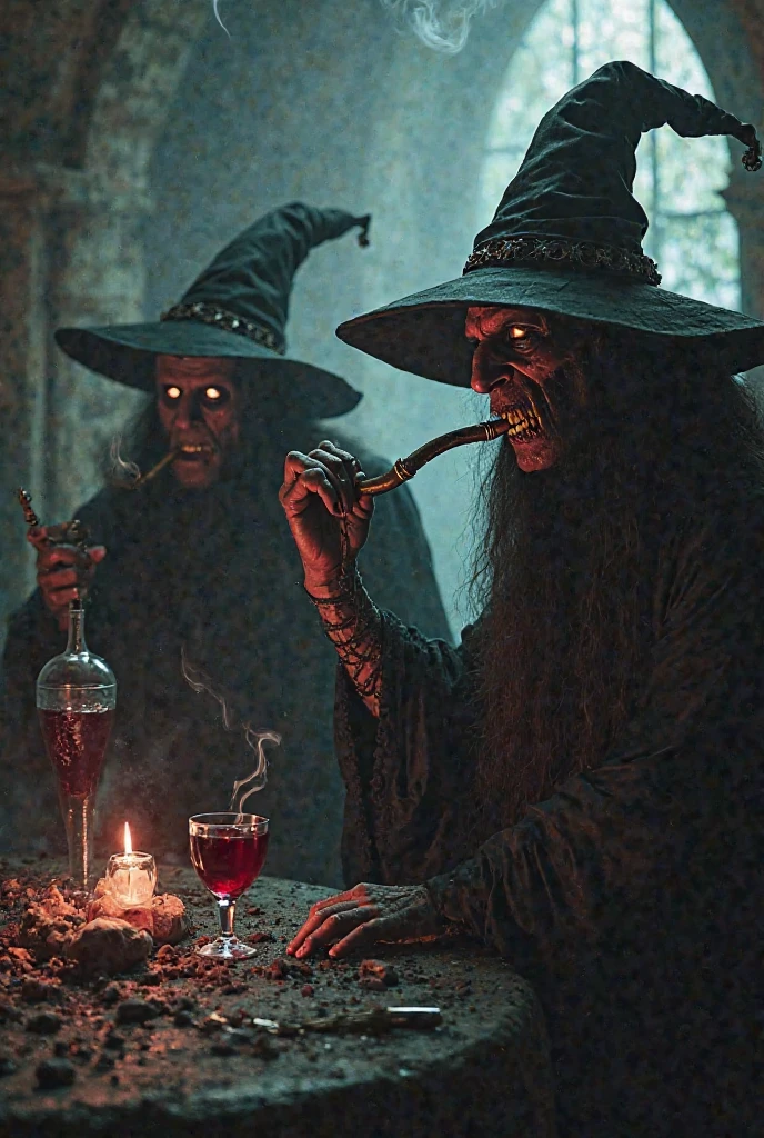A witch woman preparing a potion, the witch wears a black hood, in the background you can see the shadow of Satan with the appearance of a goat, on the table where the potion is prepared there is the devil's star, the witch appears fascinating and mysterious
