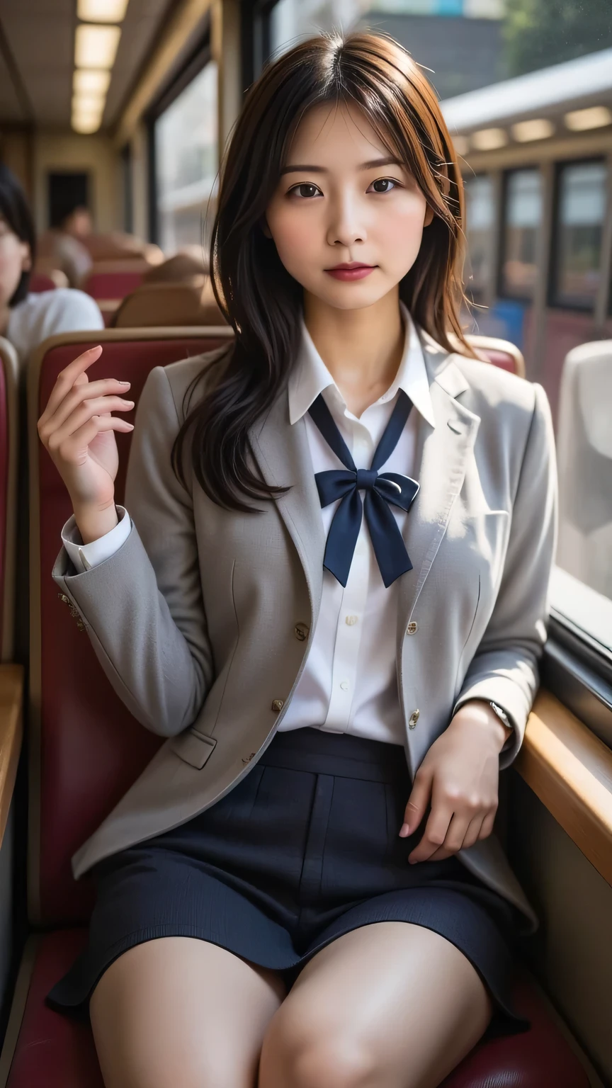 photorealistic, front view :1331, very realistic pictures , realistic, perfect configuration, proper placement in office clothes, Beautiful Japanese woman's face:1.331, sit on the train seat :2.0, plain uniform from a famous high school in the city , Black Blazer Uniform, blazer, black blazer :1.21, white collar shirt:1.21, Black thin loop ribbon :1.331, black hair:1.21, wavy hair :1.21, Beautiful Japanese woman's face with sideways hair , Japanese woman without makeup :1.21, beautiful Japanese woman's face:1.21, Detailed Iris, Sharp eyebrows:1.37, detailed face, Fair, fine skin, Glowing Skin:1.21, natural light illuminates her :1.37, Dynamic Cinematic Lights ,