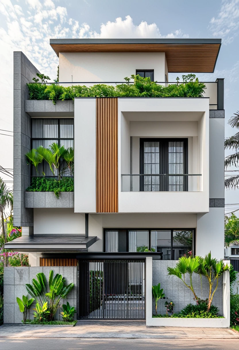 (masterpiece:1.2), best quality, photo of A two-story modern house in VietNam with white walls and dark tiles on the roof., tree and plant environment,daylight, streetcapes, natural light, vivid color, The exterior of an elegant single family home features large windows, a dark gray door frame.