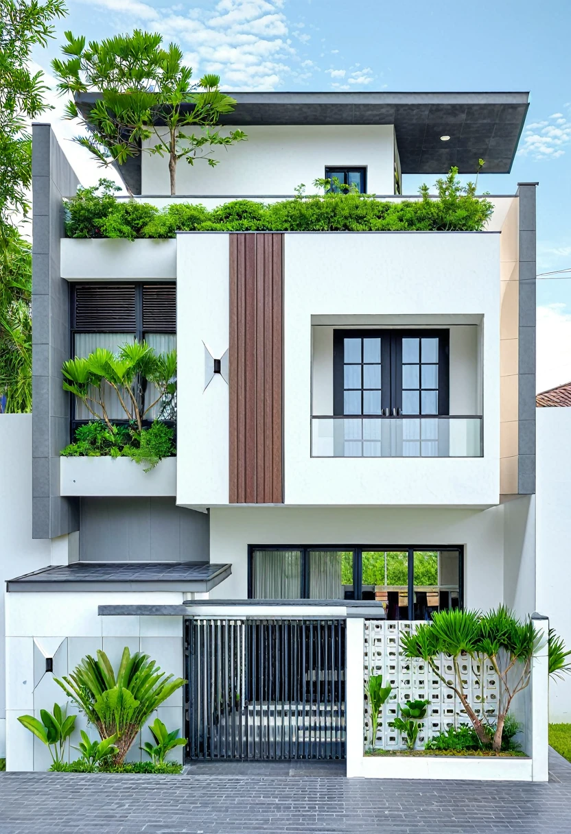 (masterpiece:1.2), best quality, photo of A two-story modern house in VietNam with white walls and dark tiles on the roof., tree and plant environment,daylight, streetcapes, natural light, vivid color, The exterior of an elegant single family home features large windows, a dark gray door frame.