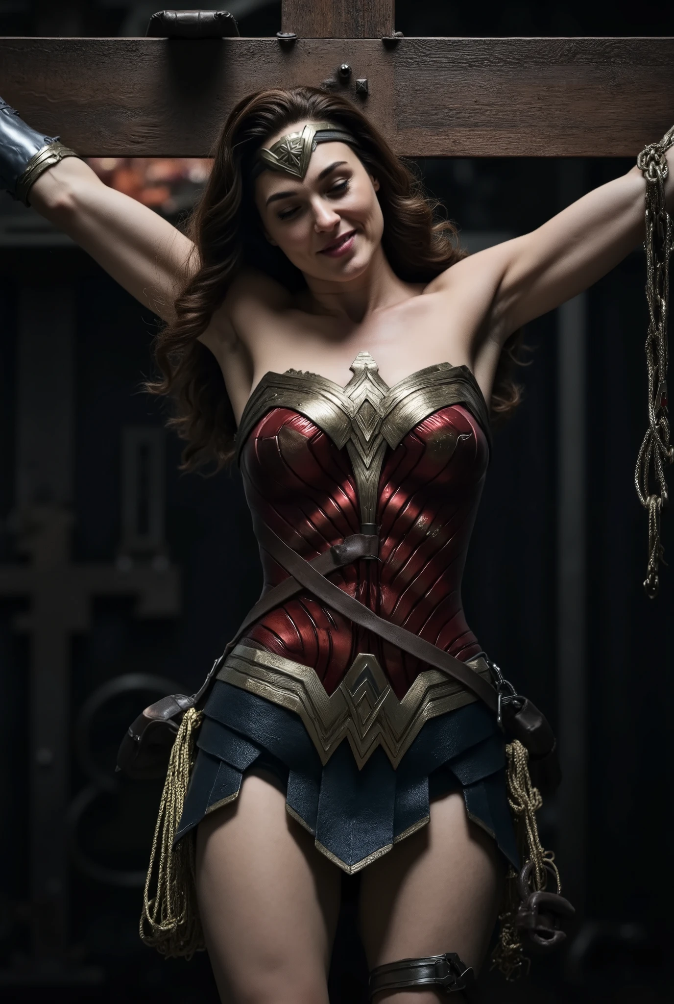 Gal Gadot is Wonder woman, a Wonder woman is crucifixion on the cross, a very beautiful face, very bright white skin, brown hair, unconscious, eyes close, never smile, bound arms to the cross by chain, a lot of chains bound tighten on her arms, painful face, Excruciating pain face, photorealistic, hyper realistic, whole body visible, in the night, in the Nazi underground prison,