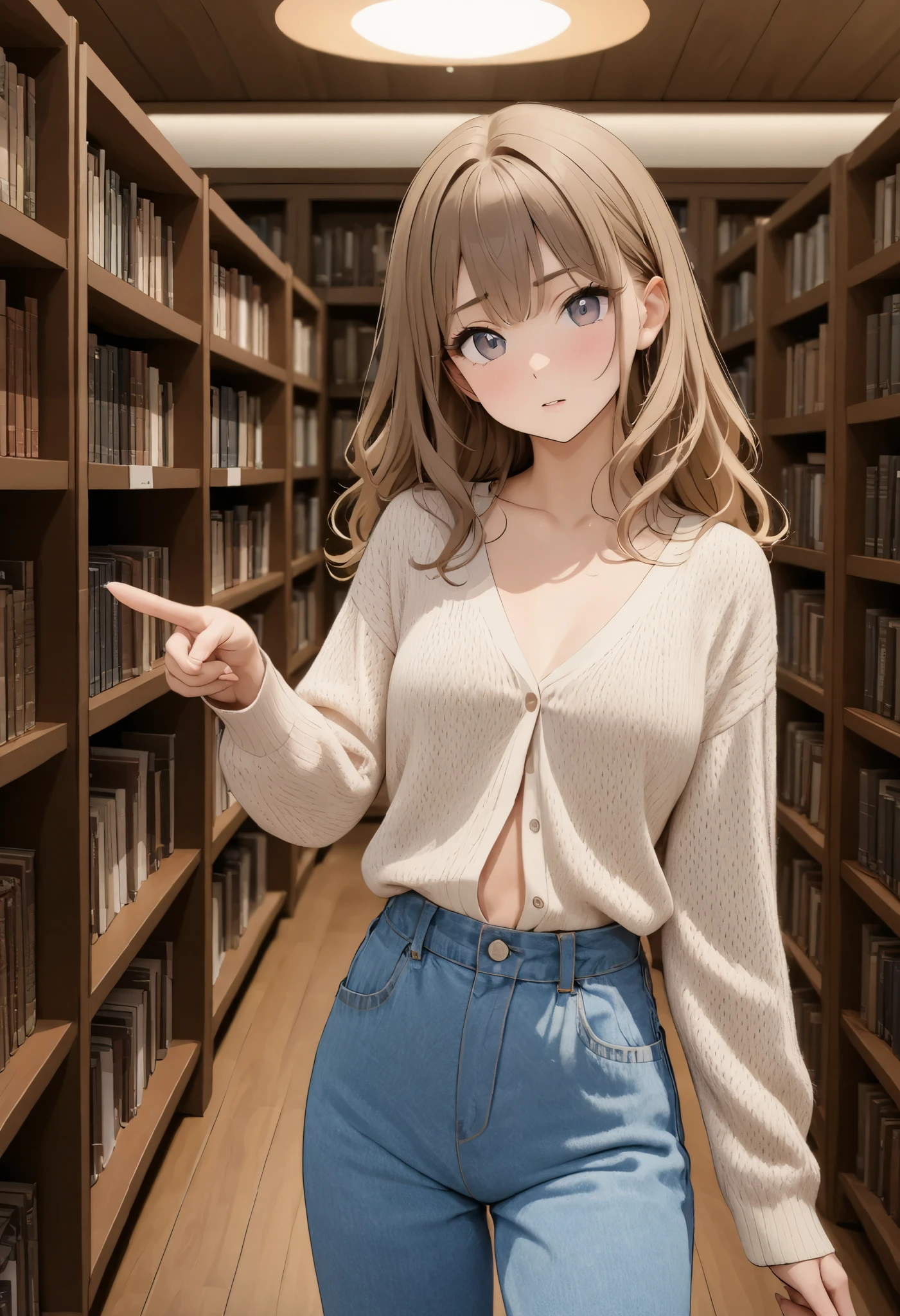 ((Best quality, 8k, Masterpiece: 1.3)), Highly detailed face and skin texture, A young woman stands in front of a large bookshelf in a library, searching for a book. She holds three books in her left arm while pointing at a book on the shelf with her right index finger. Her long, wavy hair cascades down to her waist. She wears a cozy cardigan and a pair of denim pants. The library is softly lit, with rows of books neatly arranged on the wooden shelves. The atmosphere is quiet and serene, evoking a sense of intellectual curiosity.
