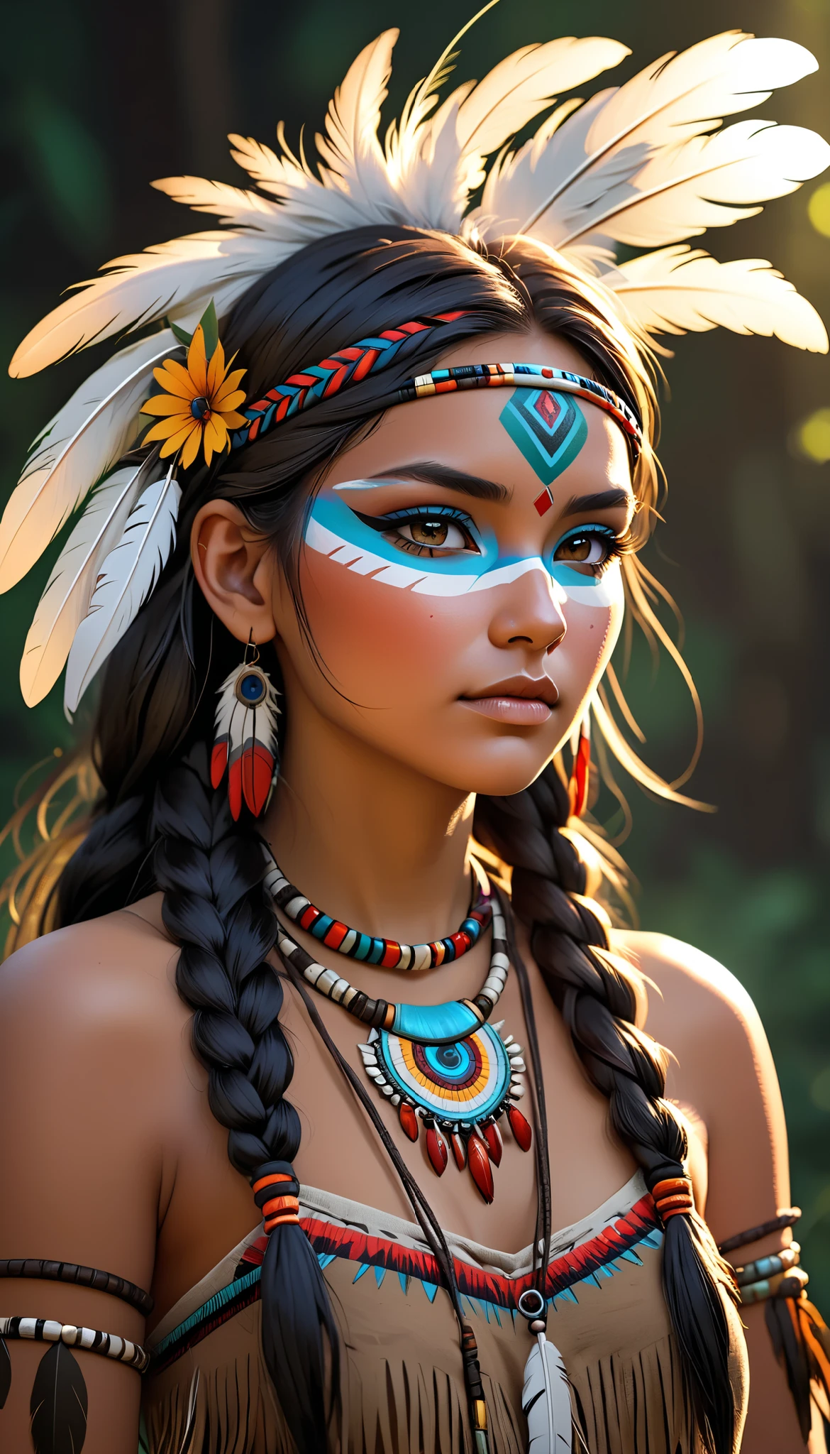 One girl,Native American, feather,hair ornaments,jewelry,necklace,Tribal,Head ornament,Bracelet,Face Paint,Braiding,bracelet, Wow_fast_no_Freezing_style, One girl in full growth, 最high quality, masterpiece, Super detailed, high quality, perfect nose, Highly detailed skin, Warm skin tone, Rebellion 512, RAW Photos, 最high quality, High resolution, (masterpiece), dream-like, dream-like, modelshoot style, analog style, Tone Mapping, Realistic, Professional photography, Sharp focus, High resolution, 8K resolution, Exquisite detail, Refined details, Super detailed, (Depth of written boundary), Highlights and Shadows, Volumetric lighting, Cinematic Flowers, Professional Light, View your viewers, Spotted,