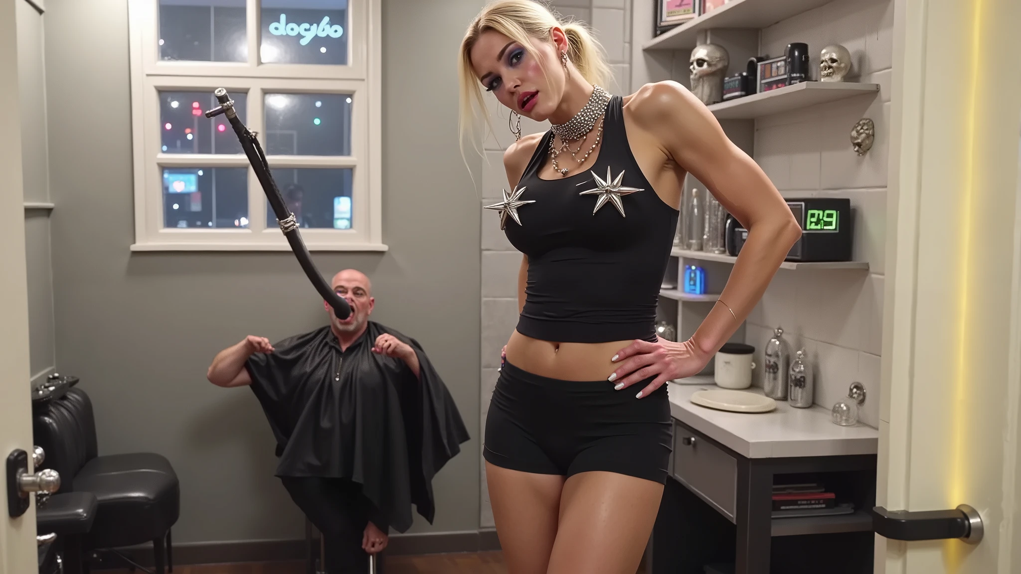 A man stands in front of Alexa bliss, the man is pushing her face toward his groin, his penis is large and dripping, he pulls her toward his penis, she cries, she is performing fellatio, he forces her to give him a blowjob, he pushes his penis into her mouth, she is forced to suck it, his penis drips with semen, another man rubs his cock on her cheek, her face get covered with semen from the penis , she is screaming, her her hands are tied up, the man is pulling on her hair, his penis sprays Harley in the face with cum, her face is drips with semen, she is screaming and scared, she is crying, semen drips from her cheek, her breasts are soaked in semen, he skin wet from the cum, she doesn't want to do this, but he uses her like a sex slave