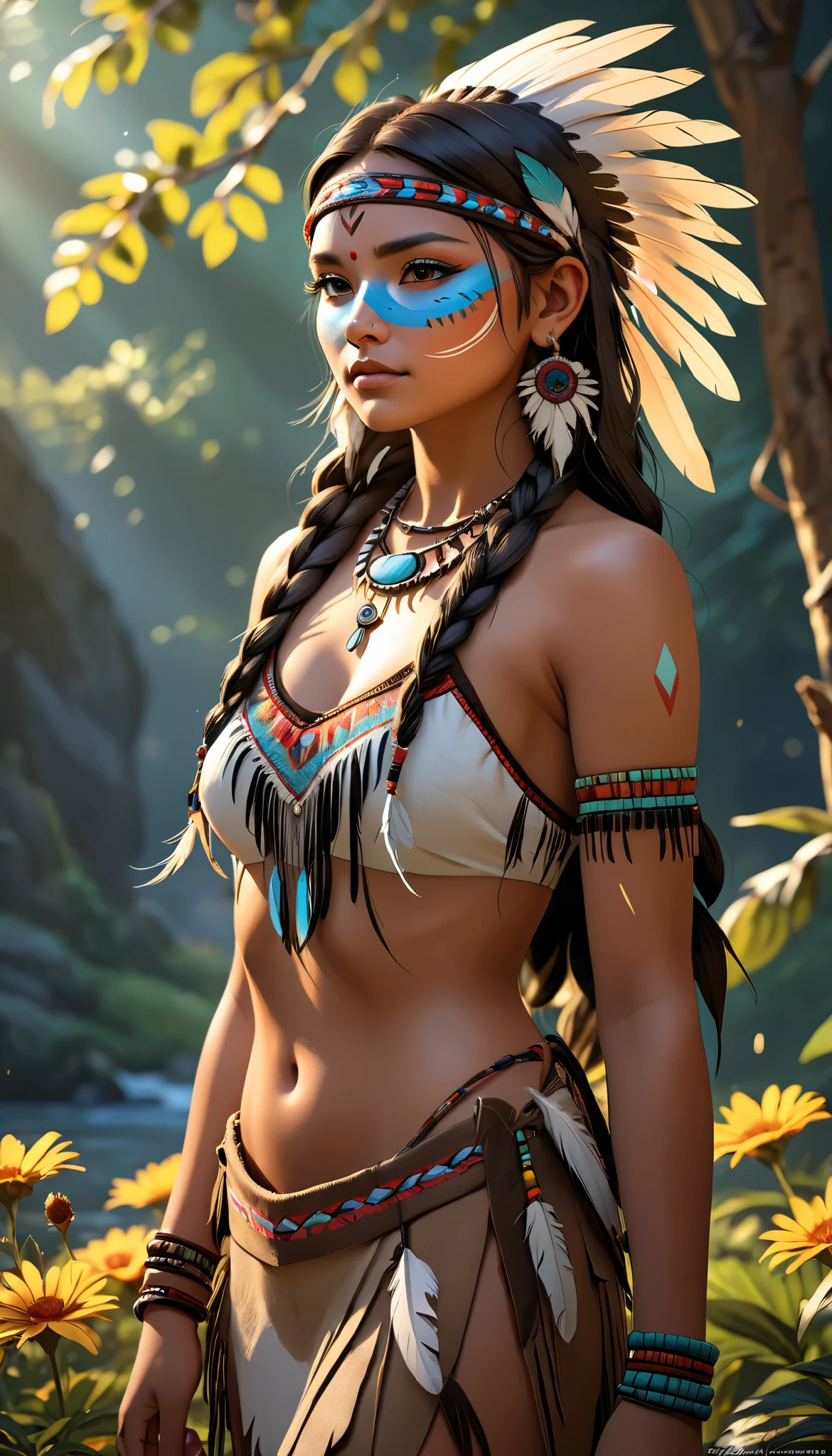 One girl,Native American, feather,hair ornaments,jewelry,necklace,Tribal,Head ornament,Bracelet,Face Paint,Braiding,bracelet, Wow_fast_no_Freezing_style, One girl in full growth, 最high quality, masterpiece, Super detailed, high quality, perfect nose, Highly detailed skin, Warm skin tone, Rebellion 512, RAW Photos, 最high quality, High resolution, (masterpiece), dream-like, dream-like, modelshoot style, analog style, Tone Mapping, Realistic, Professional photography, Sharp focus, High resolution, 8K resolution, Exquisite detail, Refined details, Super detailed, (Depth of written boundary), Highlights and Shadows, Volumetric lighting, Cinematic Flowers, Professional Light, View your viewers, Spotted,
