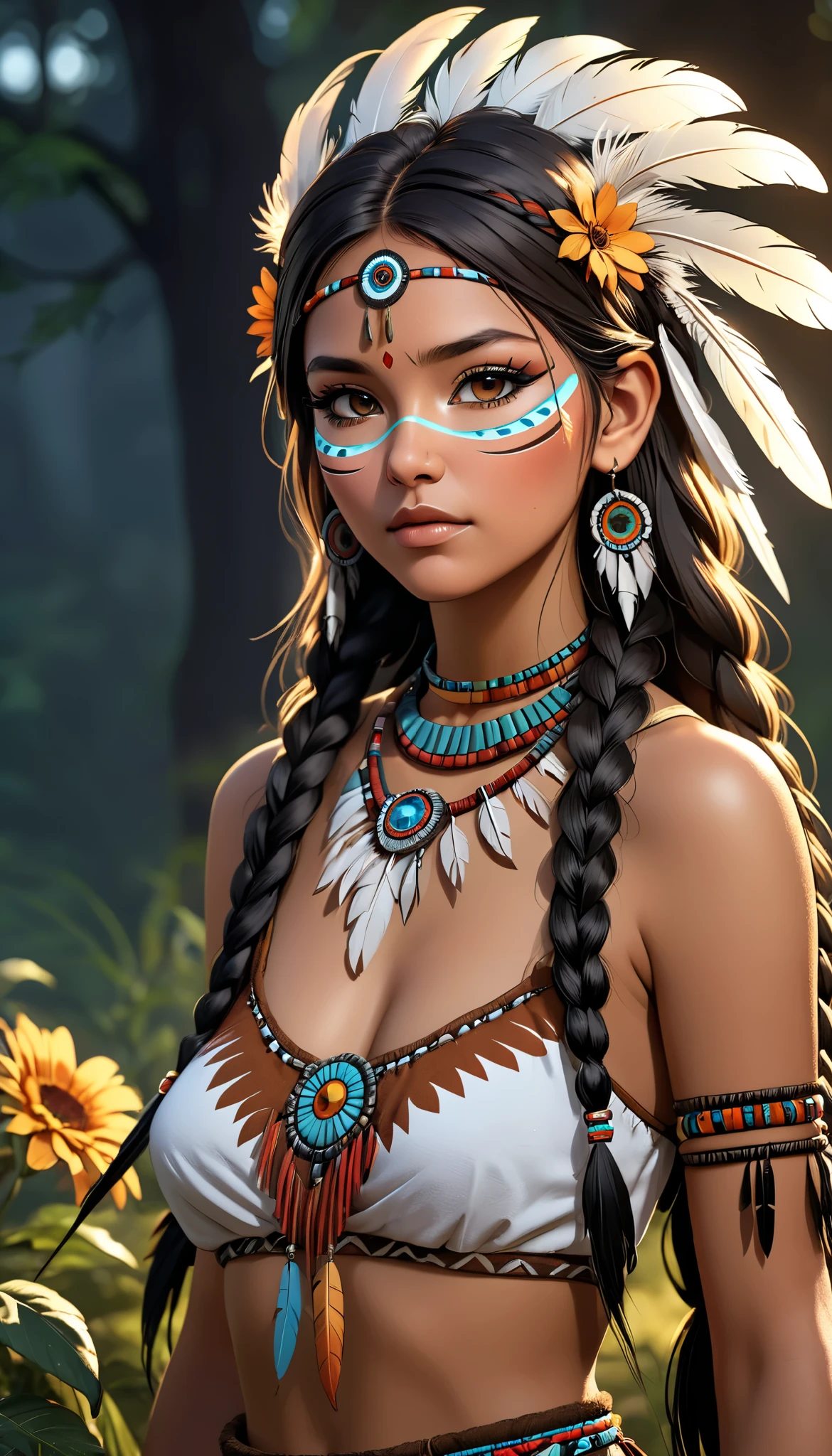 One girl,Native American, feather,hair ornaments,jewelry,necklace,Tribal,Head ornament,Bracelet,Face Paint,Braiding,bracelet, Wow_fast_no_Freezing_style, One girl in full growth, 最high quality, masterpiece, Super detailed, high quality, perfect nose, Highly detailed skin, Warm skin tone, Rebellion 512, RAW Photos, 最high quality, High resolution, (masterpiece), dream-like, dream-like, modelshoot style, analog style, Tone Mapping, Realistic, Professional photography, Sharp focus, High resolution, 8K resolution, Exquisite detail, Refined details, Super detailed, (Depth of written boundary), Highlights and Shadows, Volumetric lighting, Cinematic Flowers, Professional Light, View your viewers, Spotted,