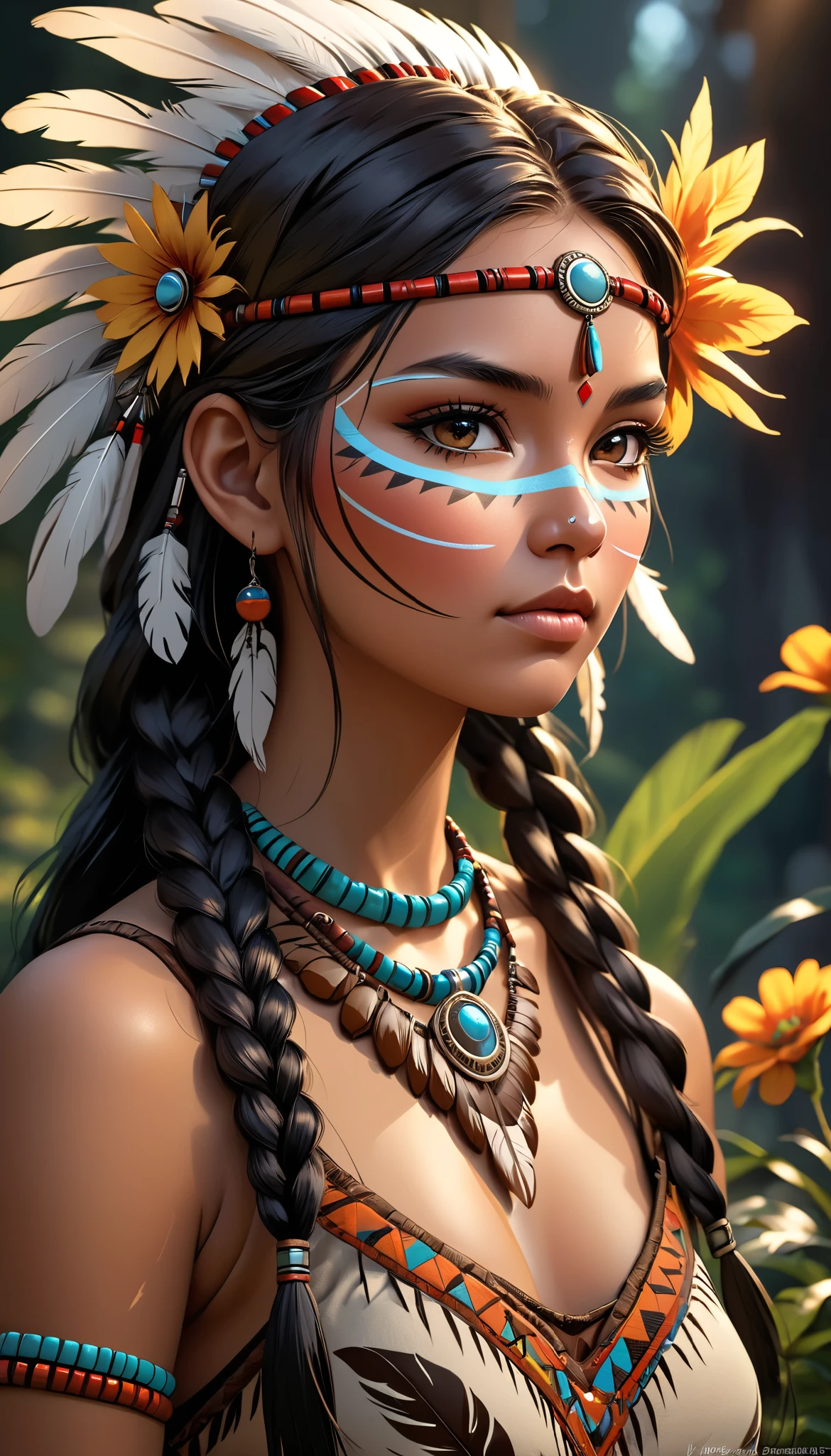 One girl,Native American, feather,hair ornaments,jewelry,necklace,Tribal,Head ornament,Bracelet,Face Paint,Braiding,bracelet, Wow_fast_no_Freezing_style, One girl in full growth, 最high quality, masterpiece, Super detailed, high quality, perfect nose, Highly detailed skin, Warm skin tone, Rebellion 512, RAW Photos, 最high quality, High resolution, (masterpiece), dream-like, dream-like, modelshoot style, analog style, Tone Mapping, Realistic, Professional photography, Sharp focus, High resolution, 8K resolution, Exquisite detail, Refined details, Super detailed, (Depth of written boundary), Highlights and Shadows, Volumetric lighting, Cinematic Flowers, Professional Light, View your viewers, Spotted,