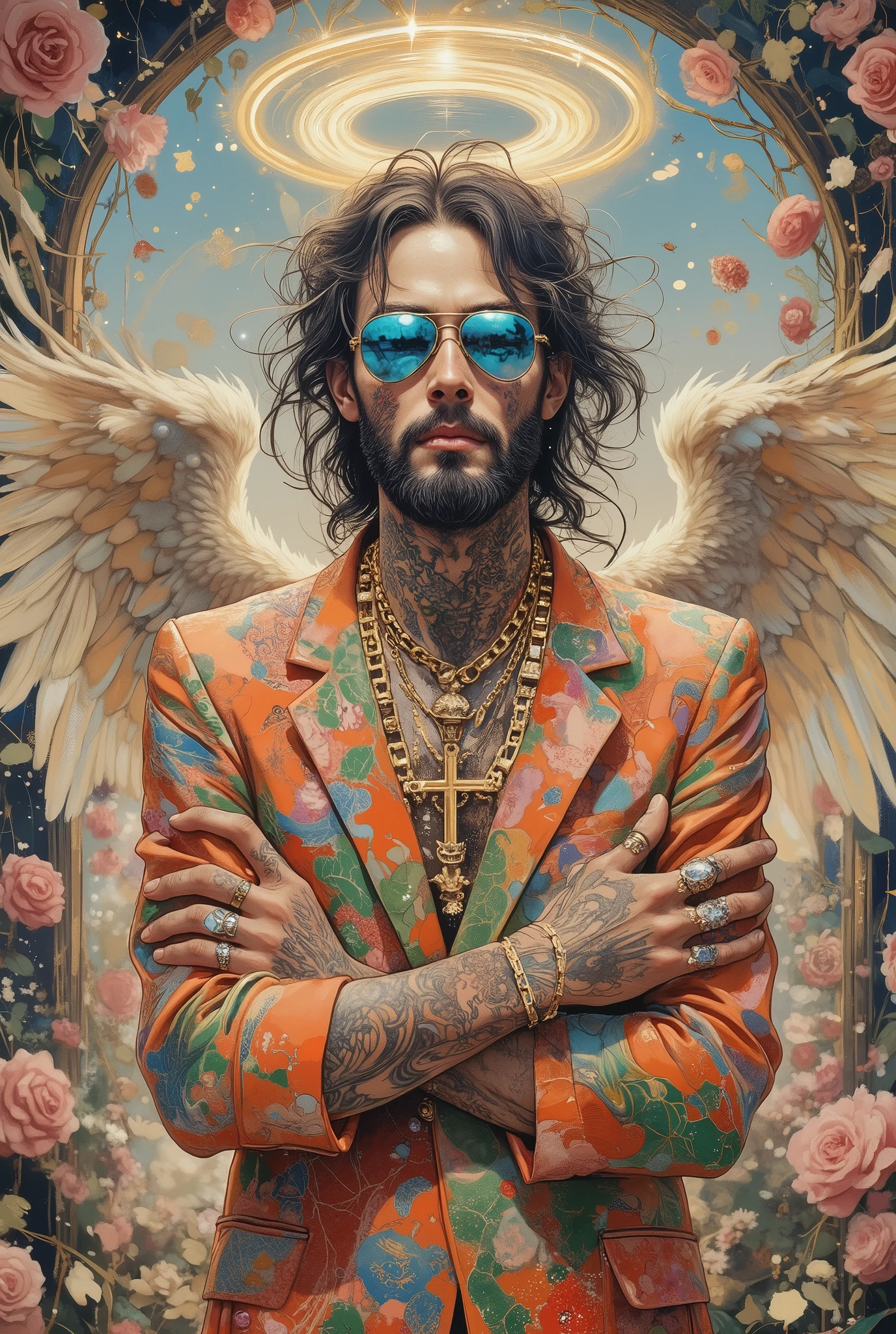 Surreal fashion photography in the style of Tim Walker. An asthenic man in an extravagant outfit in a fantastic setting. Long dark disheveled hair. A full, well-defined beard. Bright blue mirrored aviator sunglasses. Picturesque tattoos. A thick gold chain with a crucifix pendant. His arms are crossed over his chest. Massive gemstone rings on slender, delicate fingers. A shirt or jacket with a bright pattern of red, green and blue colors. The image is complemented by garlands of roses, turtle wings of angels.The semblance of a halo above a man's head. Giant objects or miniature people to distort the scale, elements of fairy tales and ren's fantasies, unusual props and decorations, soft diffused lighting, the influence of the Victorian era and Lewis Carroll, theatricality and drama. Bright saturated colors with pastel shades. The style is bohemian, rebellious, and spiritual. Pentax 67 Large Format Camera with 105mm f/2.4 lens, Kodak Portra 400 Film, --ar 1:1