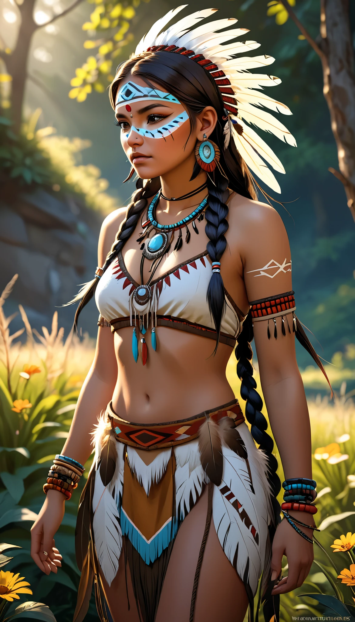 One girl,Native American, feather,hair ornaments,jewelry,necklace,Tribal,Head ornament,Bracelet,Face Paint,Braiding,bracelet, Wow_fast_no_Freezing_style, One girl in full growth, 最high quality, masterpiece, Super detailed, high quality, perfect nose, Highly detailed skin, Warm skin tone, Rebellion 512, RAW Photos, 最high quality, High resolution, (masterpiece), dream-like, dream-like, modelshoot style, analog style, Tone Mapping, Realistic, Professional photography, Sharp focus, High resolution, 8K resolution, Exquisite detail, Refined details, Super detailed, (Depth of written boundary), Highlights and Shadows, Volumetric lighting, Cinematic Flowers, Professional Light, View your viewers, Spotted,