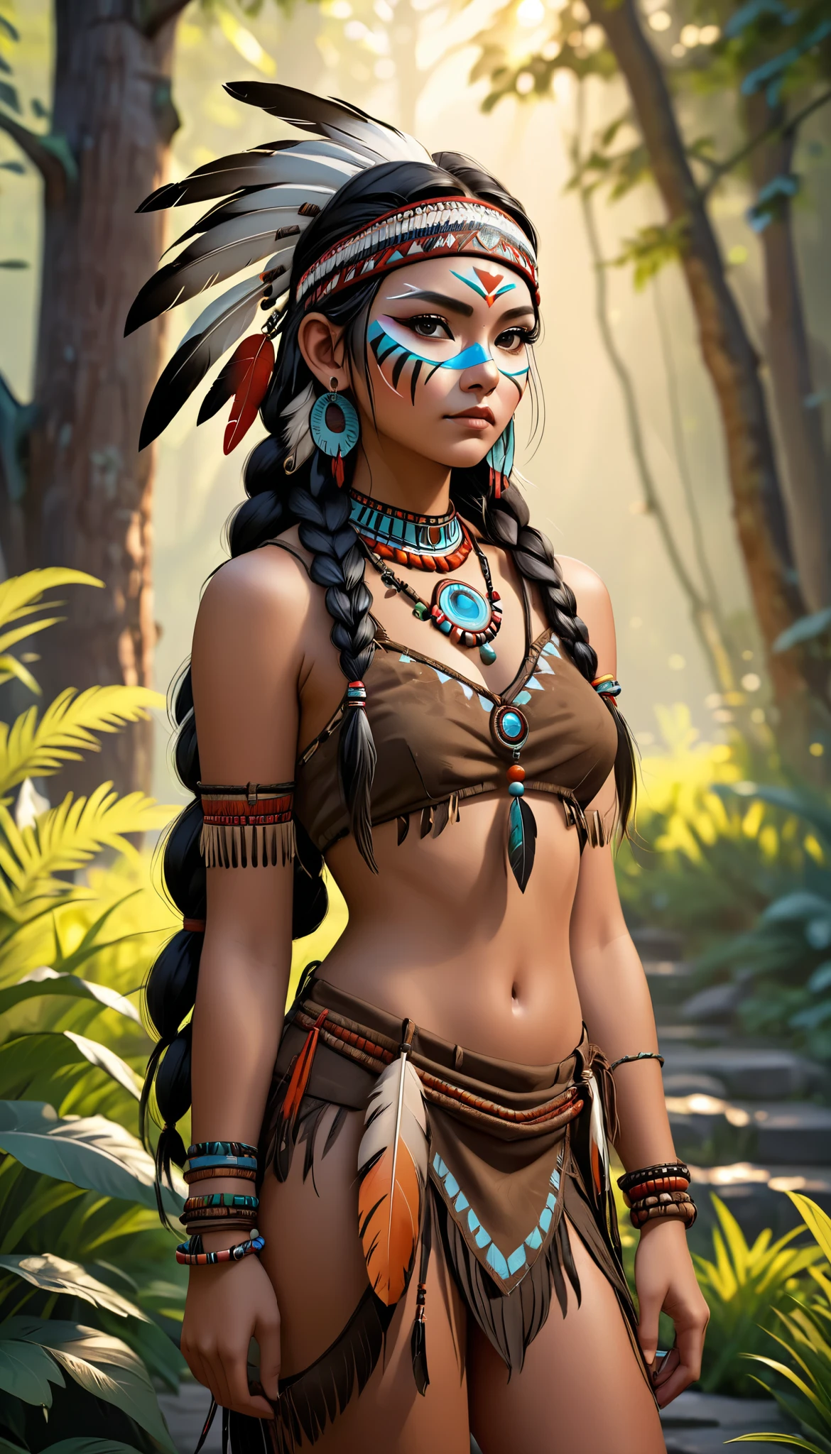 One girl,Native American, feather,hair ornaments,jewelry,necklace,Tribal,Head ornament,Bracelet,Face Paint,Braiding,bracelet, Wow_fast_no_Freezing_style, One girl in full growth, 最high quality, masterpiece, Super detailed, high quality, perfect nose, Highly detailed skin, Warm skin tone, Rebellion 512, RAW Photos, 最high quality, High resolution, (masterpiece), dream-like, dream-like, modelshoot style, analog style, Tone Mapping, Realistic, Professional photography, Sharp focus, High resolution, 8K resolution, Exquisite detail, Refined details, Super detailed, (Depth of written boundary), Highlights and Shadows, Volumetric lighting, Cinematic Flowers, Professional Light, View your viewers, Spotted,