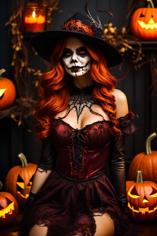 Create an image of a stunningly gorgeous perfect adorable young adolescent teenage girl, Stunningly gorgeous perfect face, suger skull, death makeup, jack Skellington strappy lace, in the nightmare before Christmas universe, full body view,