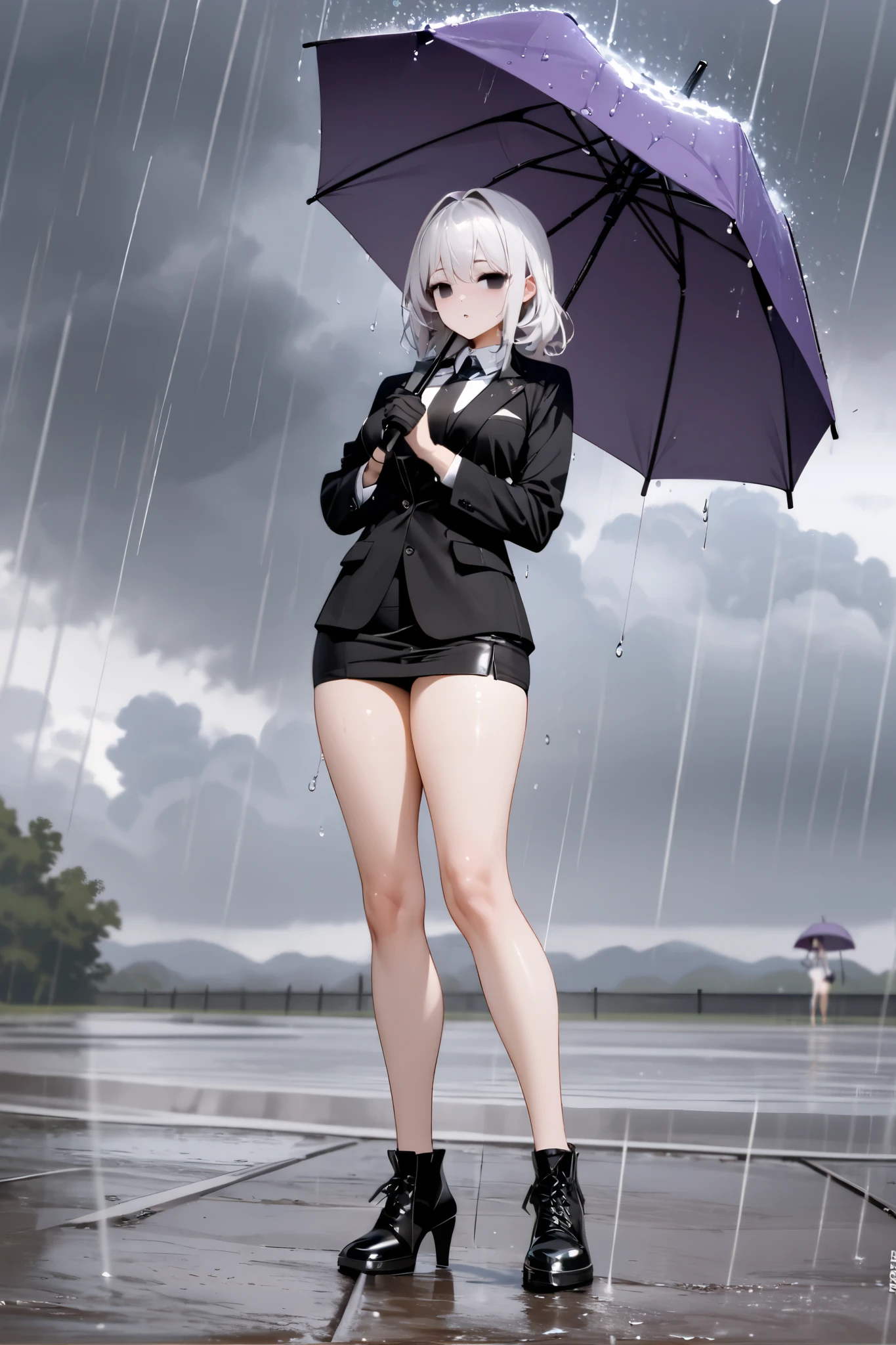 Masterpiece, Improved quality, High quality, Good anatomy, Well-formed hands, Healthy body, Intact fingers, Normal digits, 4k quality image, girl, handsome girl, perfect girl, full body, perfect girl, white hair, mini black skirt, black shirt, black tie, black vest, black suit, black jacket, black gloves, empty eyes/black eyes,, holding a purple umbrella, Rain, rain clouds,