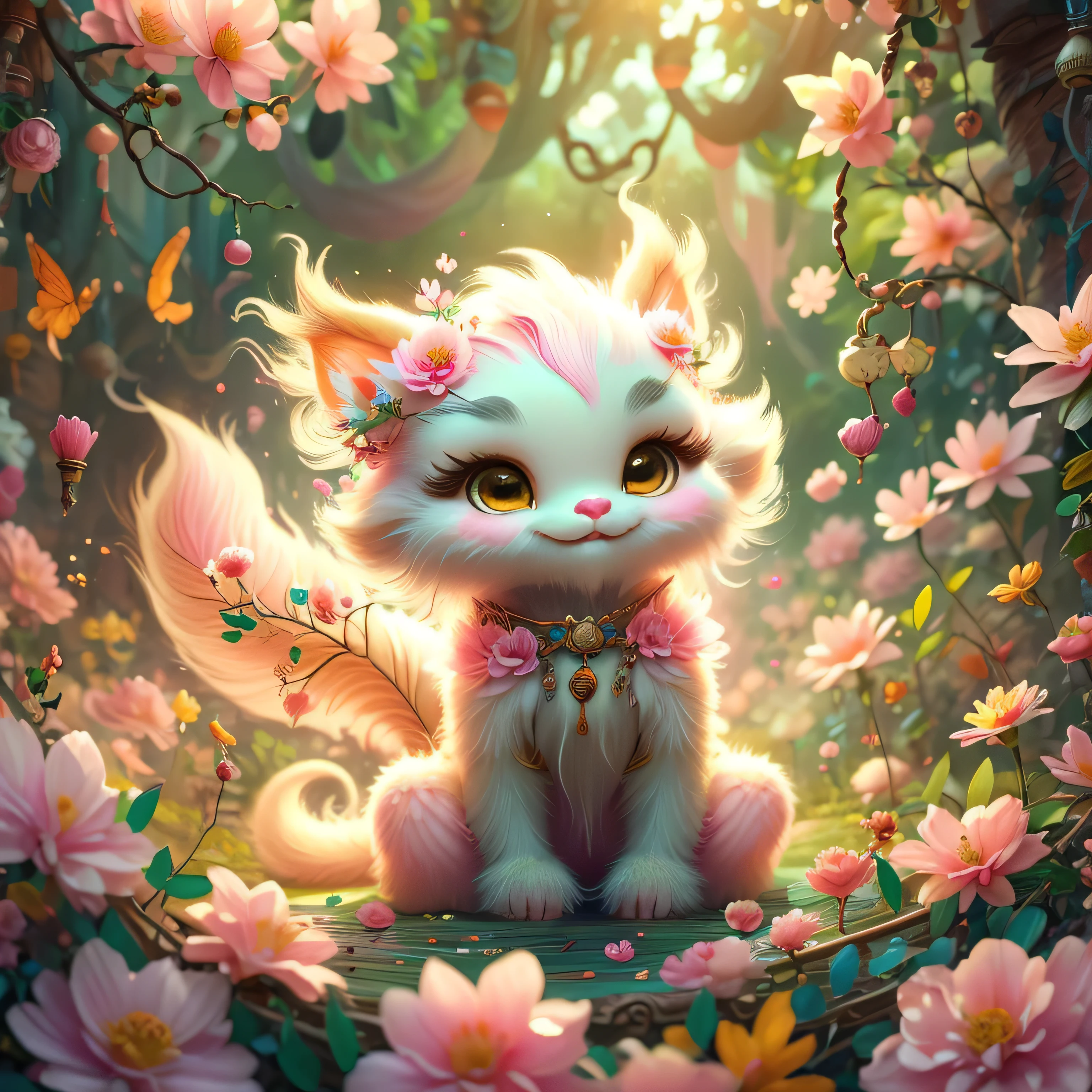 whimsical airbrush and oil painting, best angle of a Very cute mythical graceful transparent anthropomorphic furry creature holds pink acacia, thin arms, fragile thread legs, jasmine flower spirit, Mystical garden where pink acacia grows in a professional photograph by Awwchang :: Luis Royo :: WLOP :: Artgerm Lau :: Anne Stokes :: natural deep colors