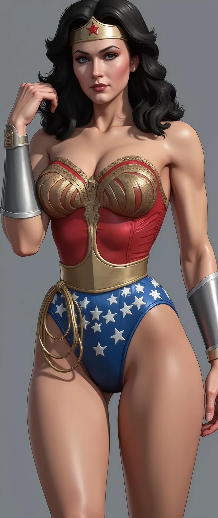 a gorgeous Wonder woman in a tight red and blue costume, long dark hair, beautiful detailed eyes, striking facial features, muscular athletic physique, digital painting, intricate detailed rendering, hyper realistic, 8k, vibrant colors, highly detailed, grey background