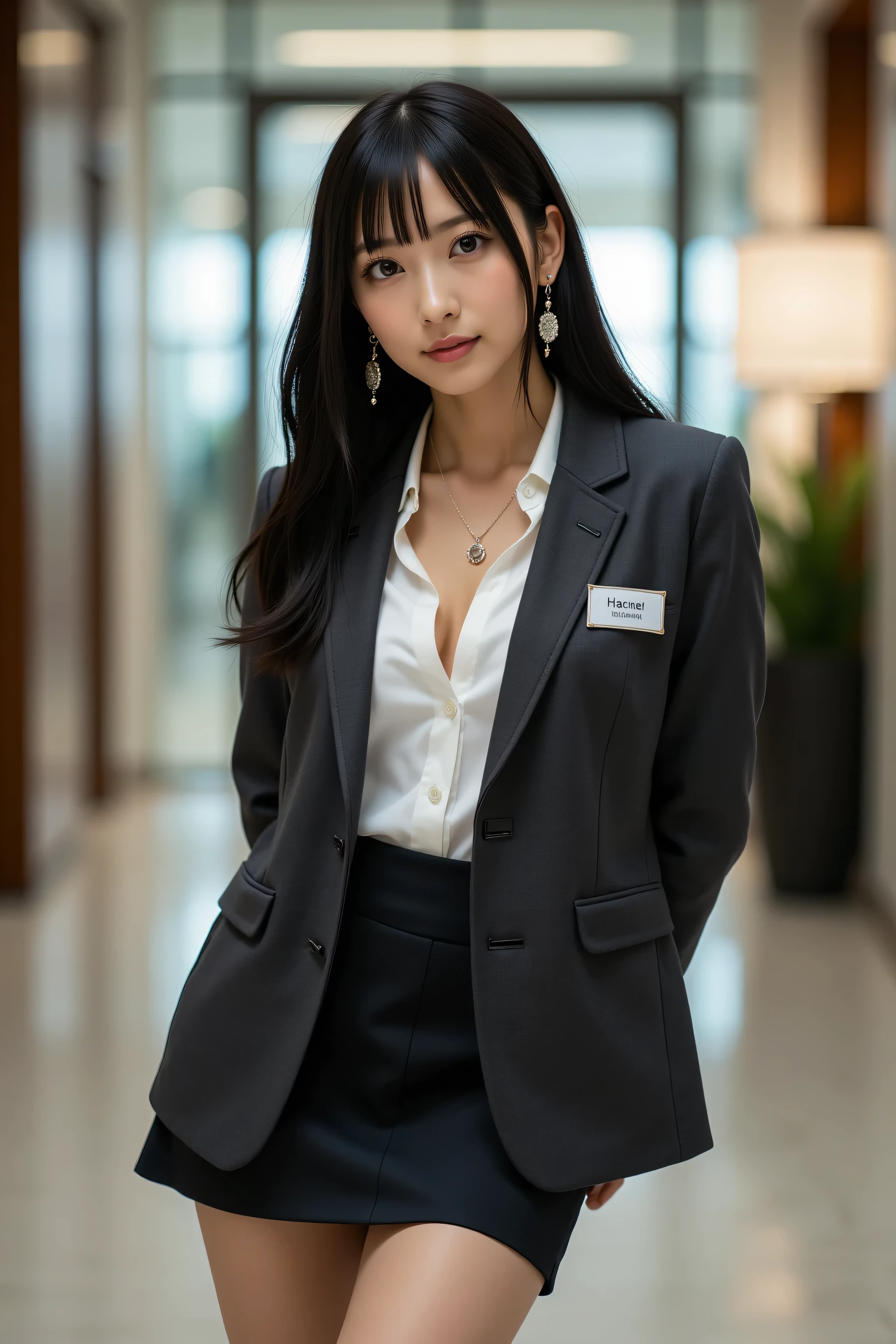 highest quality, fashionable long black hair, professional office lady with long black hair, dynamic squat pose, ultra-fine eye and skin details, studio lighting, 30 years old, black eyes, elegant, moderate chest, full pouty lips, earrings, necklace, charcoal tight suit, white blouse, miniskirt, high heels, name tag, long sleeves, modern office lobby, gentle motion blur, side-facing perspective, composed, intent look, cowboy shot angle, full body