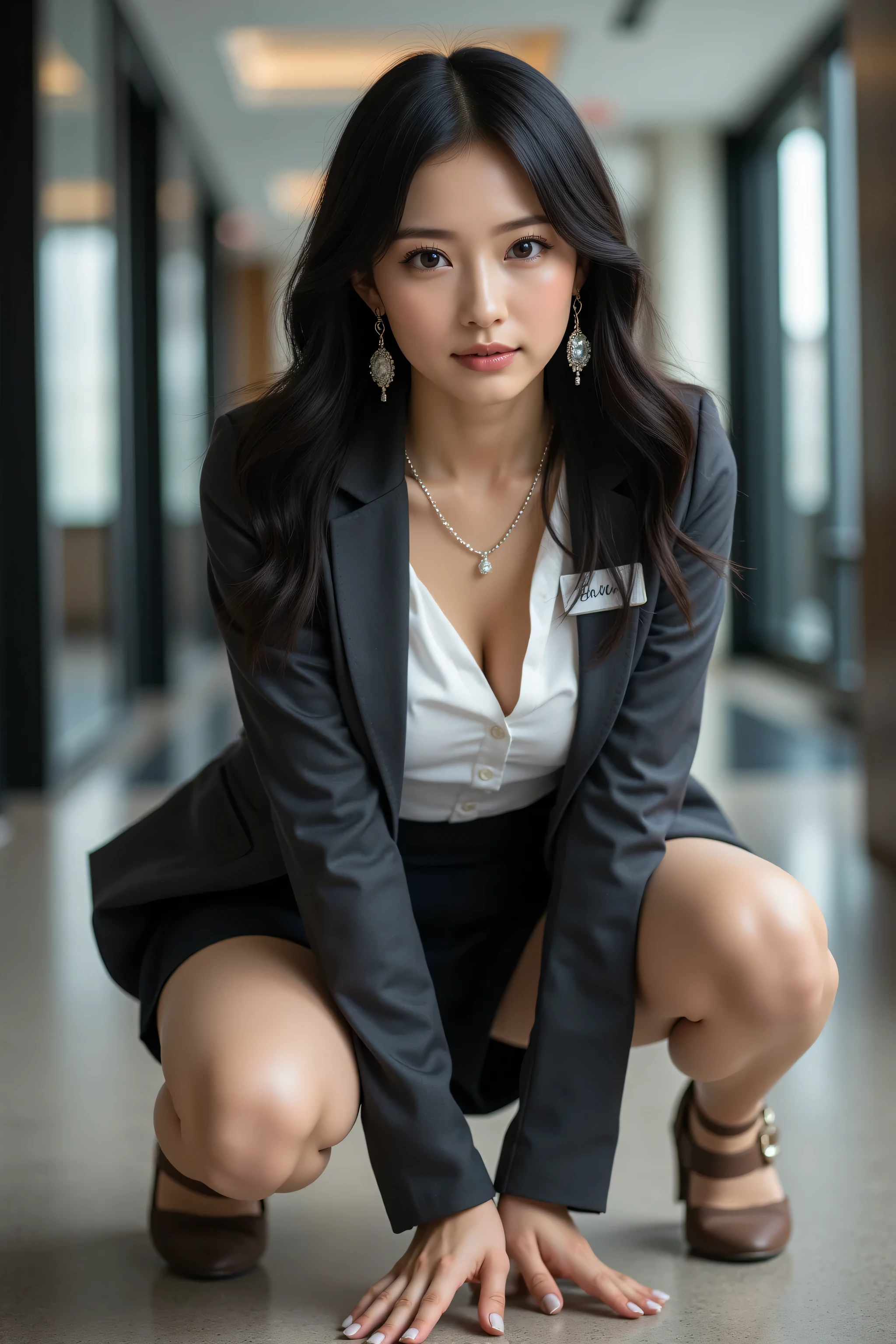 highest quality, fashionable long black hair, professional office lady with long black hair, dynamic squat pose, ultra-fine eye and skin details, studio lighting, 30 years old, black eyes, elegant, moderate chest, full pouty lips, earrings, necklace, charcoal tight suit, white blouse, miniskirt, high heels, name tag, long sleeves, modern office lobby, gentle motion blur, side-facing perspective, composed, intent look, cowboy shot angle, full body