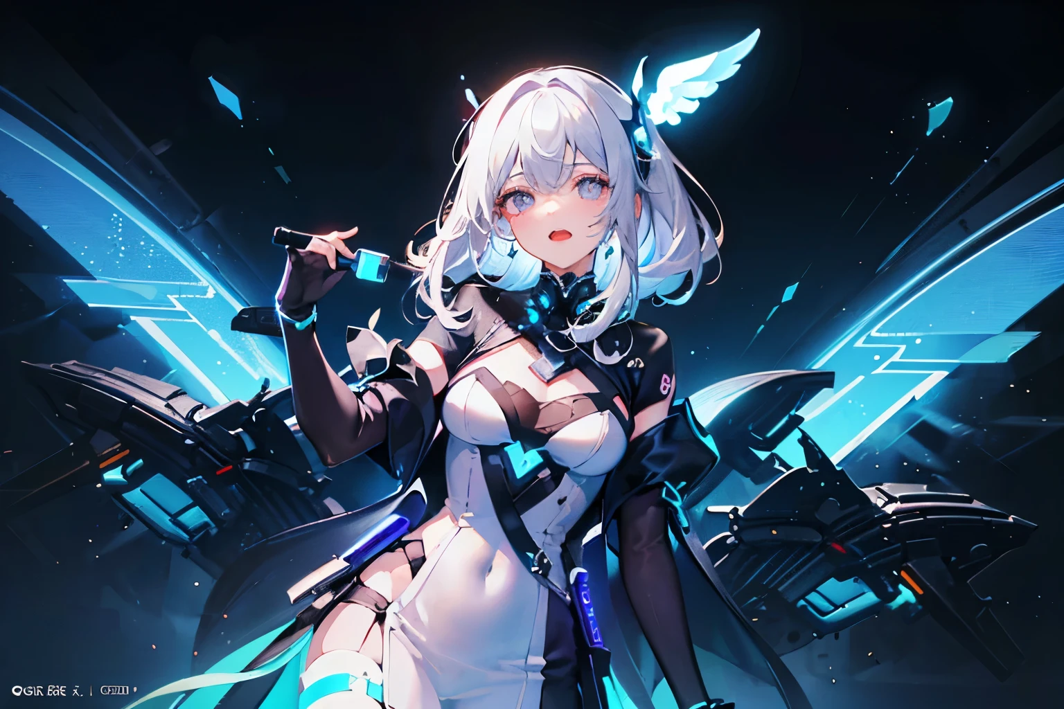 masterpiece, best quality, high resolution, extremely detailed CG, 1girl, solo, a mecha girl in black armor with glowing wings in universe, wings of light, cleavage, thighs, (((glowing wings)))