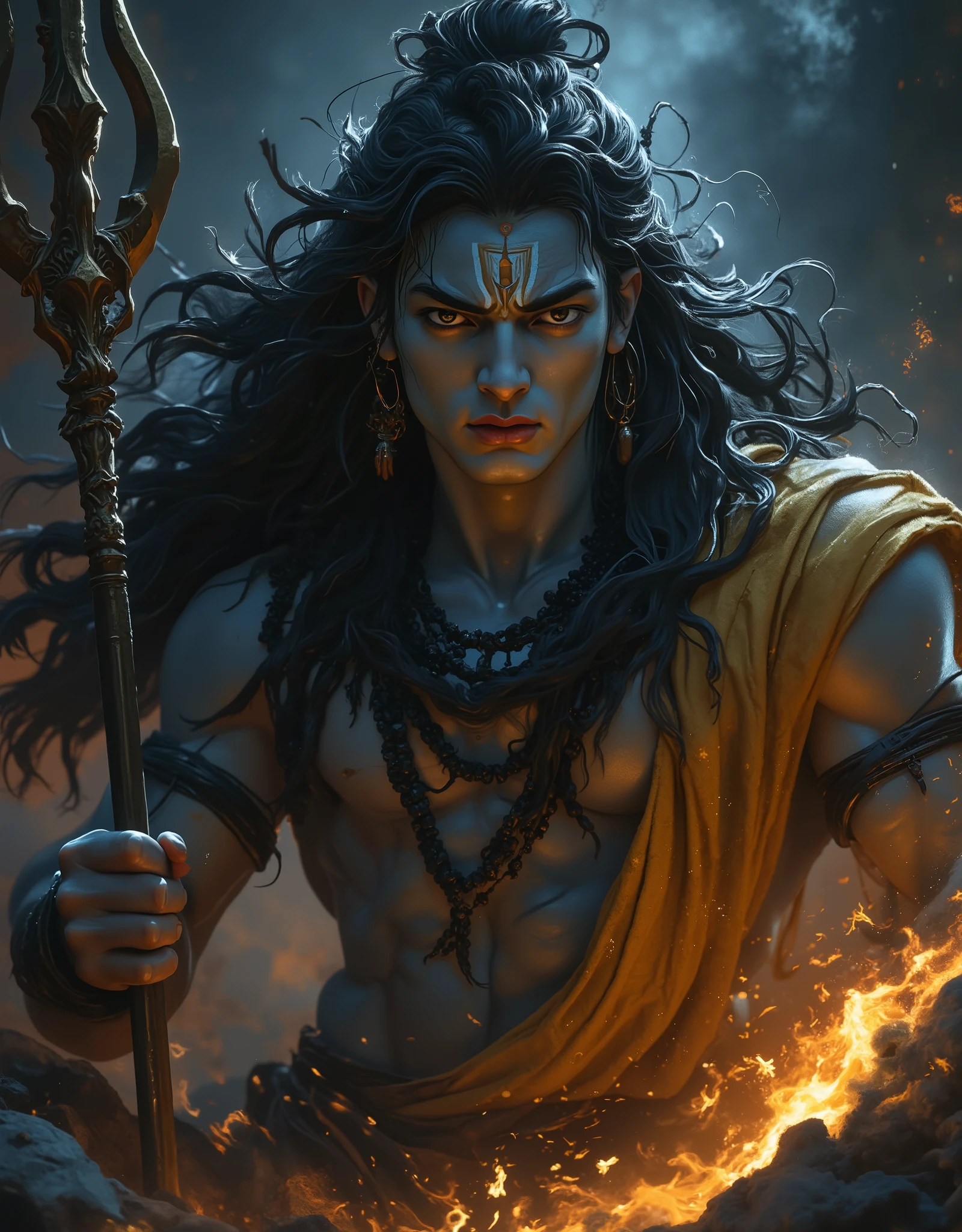 ((Close up))) ((Very Tall and big)), hyper detailed and perfect Portrait of Lord Shiva ,very handsome fierce expression,ferocious look, looking at me, head down, (((fierce expression on face))), young, ((long black floating hair, rudraksh mala in neck, ((wearing yellow robes))) ((yellow robes))) holding trishul (((trident))) dreamy dark environment, dark dreamy atmosphere, fire in bg, smoke in foreground, skulls here and there ((skulls)) uhd, shot taken by Sony 55 mm lens, with f -1. 2, sharpness -1. 2, 32k resolution, 8k quality, ultra high definition, uhd, niji express, niji mixed realism, perfect shoot, 