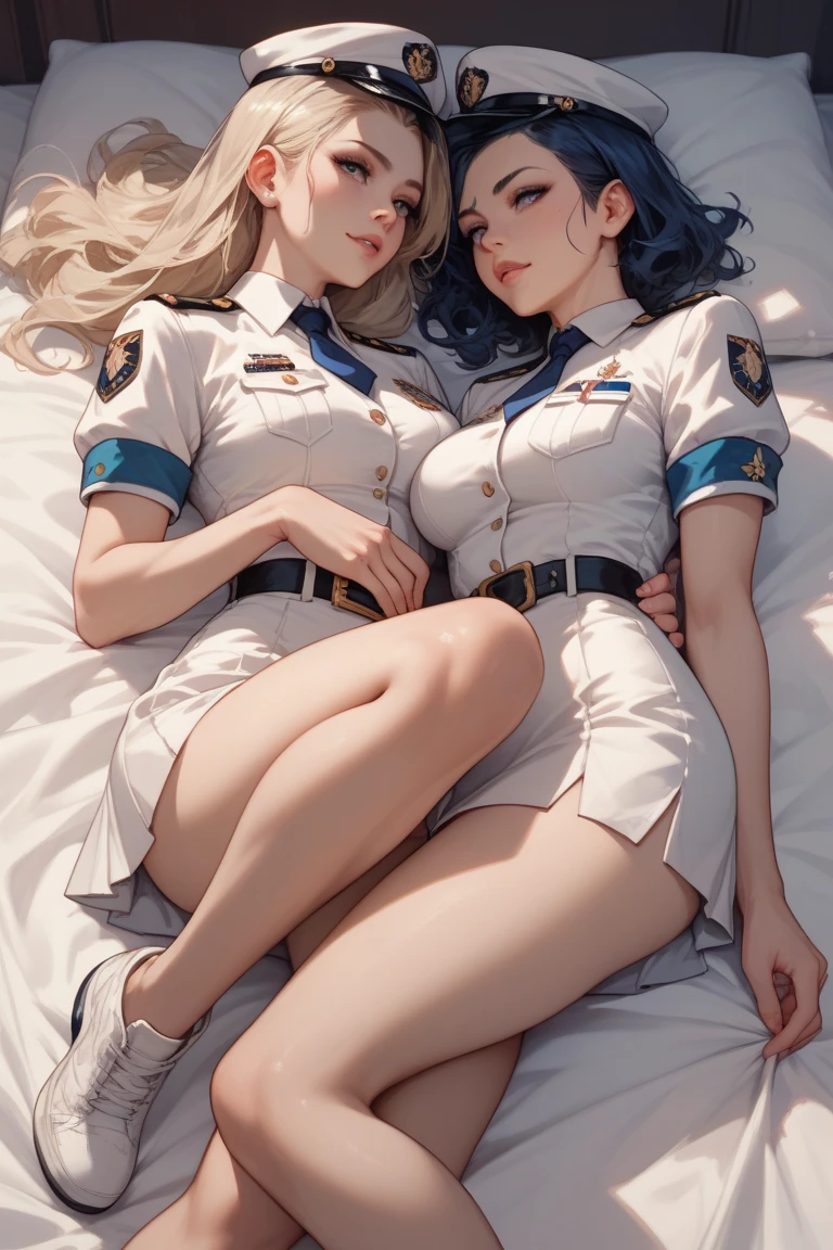 2girls in, nurse , tight nurse uniform, Nurse Cap, blackware, (( black legwear, zettai ryouiki)), White Gloves, Blonde hair, Blue eyes, pink lipsticks, kissing each other, sharp outline, Short sleeves, Best Quality, masterpiece, infirmary,