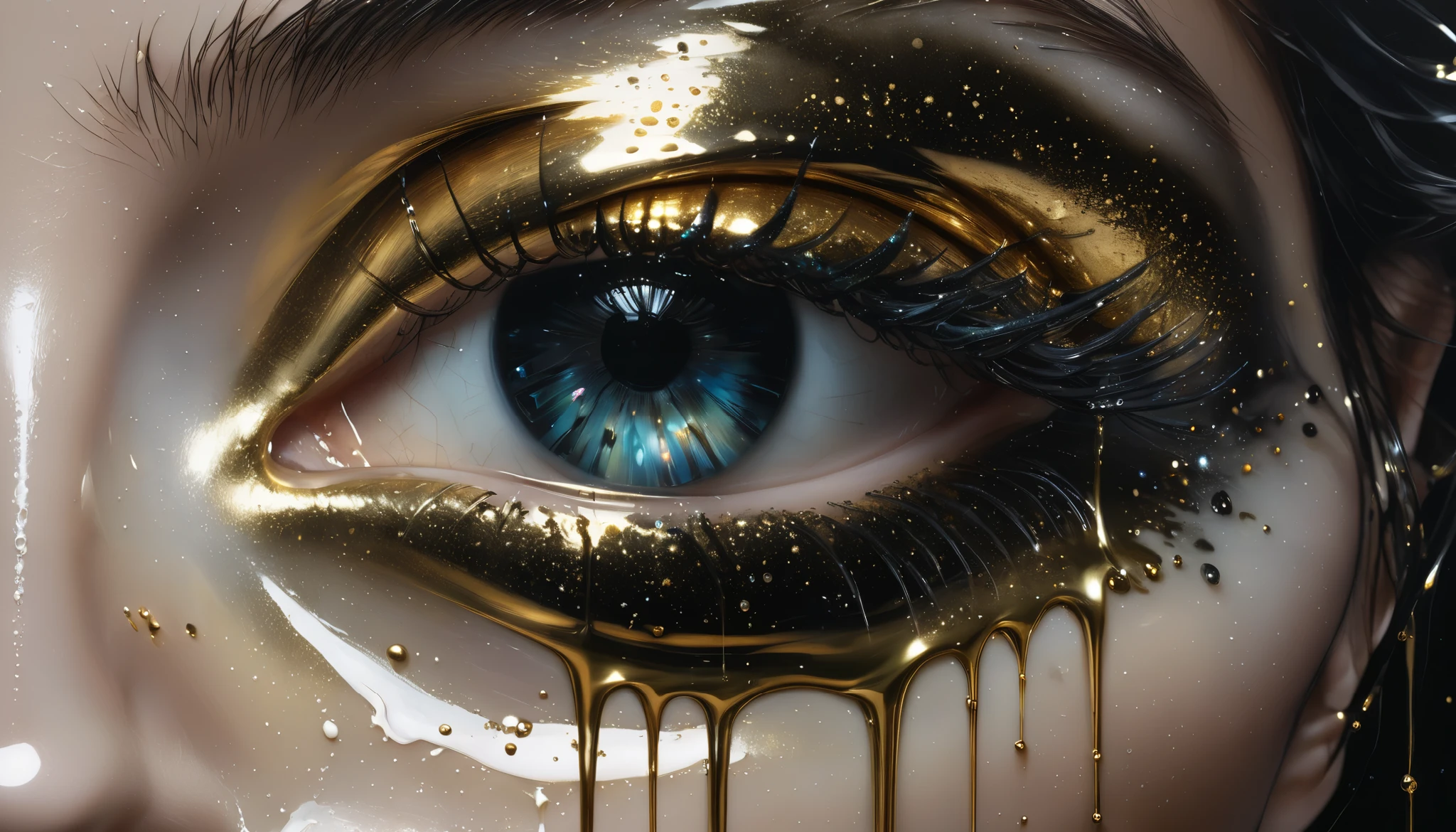 Mike Dargas art. Golden Ink splash crystal prismatic stars, hyperrealistic polished metal stone texture, `obsidian-like luster`, `metallic sheen`, `cold reflective surface`, `liquid metal veins`, `translucent black depth` nebula liquid gluey transparent glossy Milk dripping ethereal fantasy hyperdetailed mist Thomas Kinkade