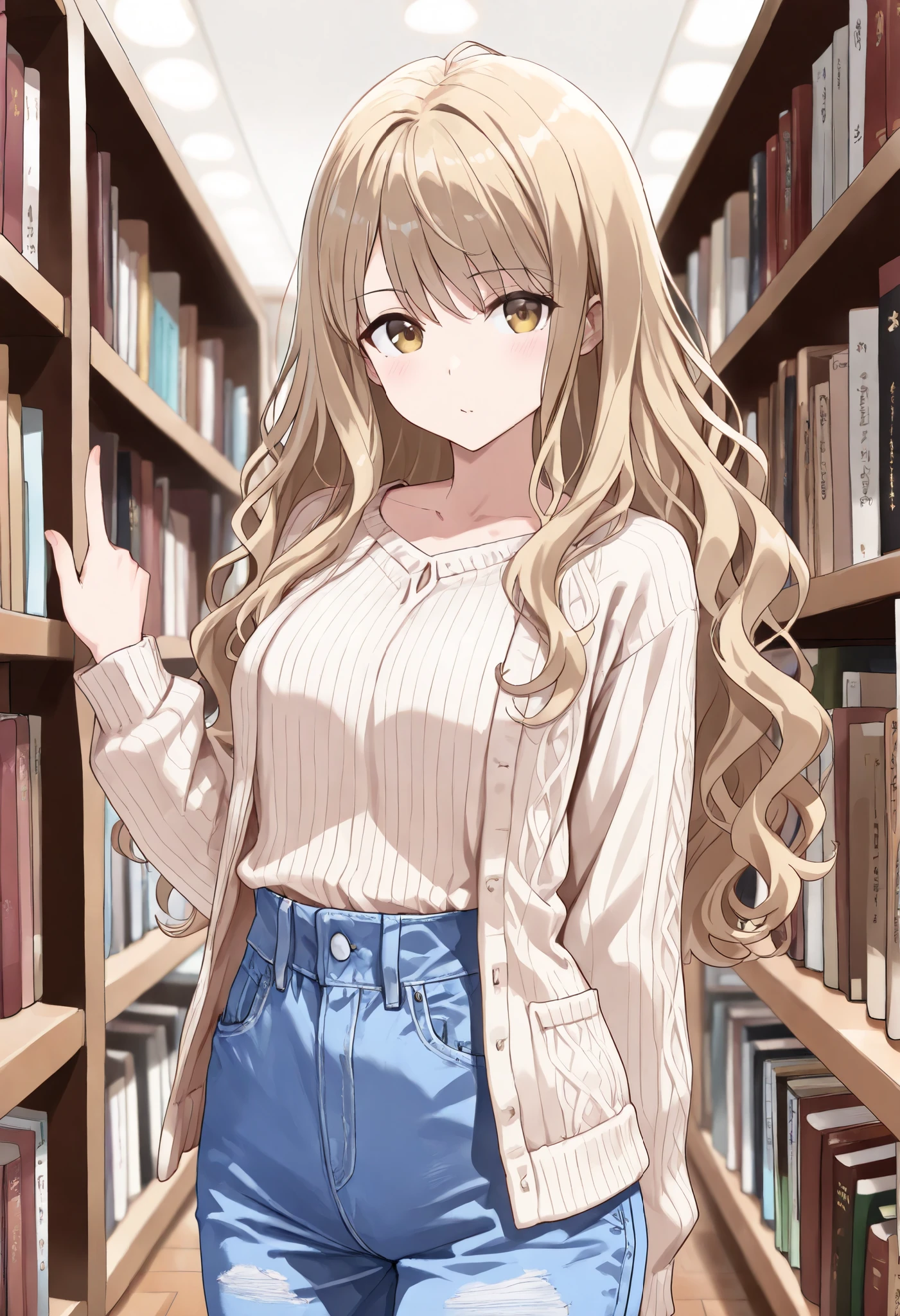 ((Best quality, 8k, Masterpiece: 1.3)), Highly detailed face and skin texture, A young woman stands in front of a large bookshelf in a library, searching for a book. She holds three books in her left arm while pointing at a book on the shelf with her right index finger. ((Her long, wavy hair cascades down to her waist)), She wears a cozy cardigan and a pair of denim pants. The library is softly lit, with rows of books neatly arranged on the wooden shelves. The atmosphere is quiet and serene, evoking a sense of intellectual curiosity.