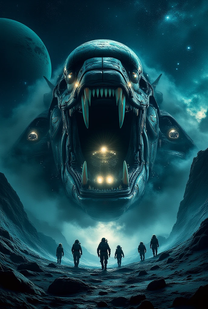 purple Alien God face, Space Station background, Scince Fiction, Cross, horns, GHTEN, by Simon Stalenhag, by Marc Simonetti, by Simon Stalenhag, oil on canvas, trending on artstation featured on pixiv, cinematic composition, beautiful lighting, sharp, details, Hyper-detailed, HD, HDR, 4K, 8K, intricate, elegant, highly detailed, artstation