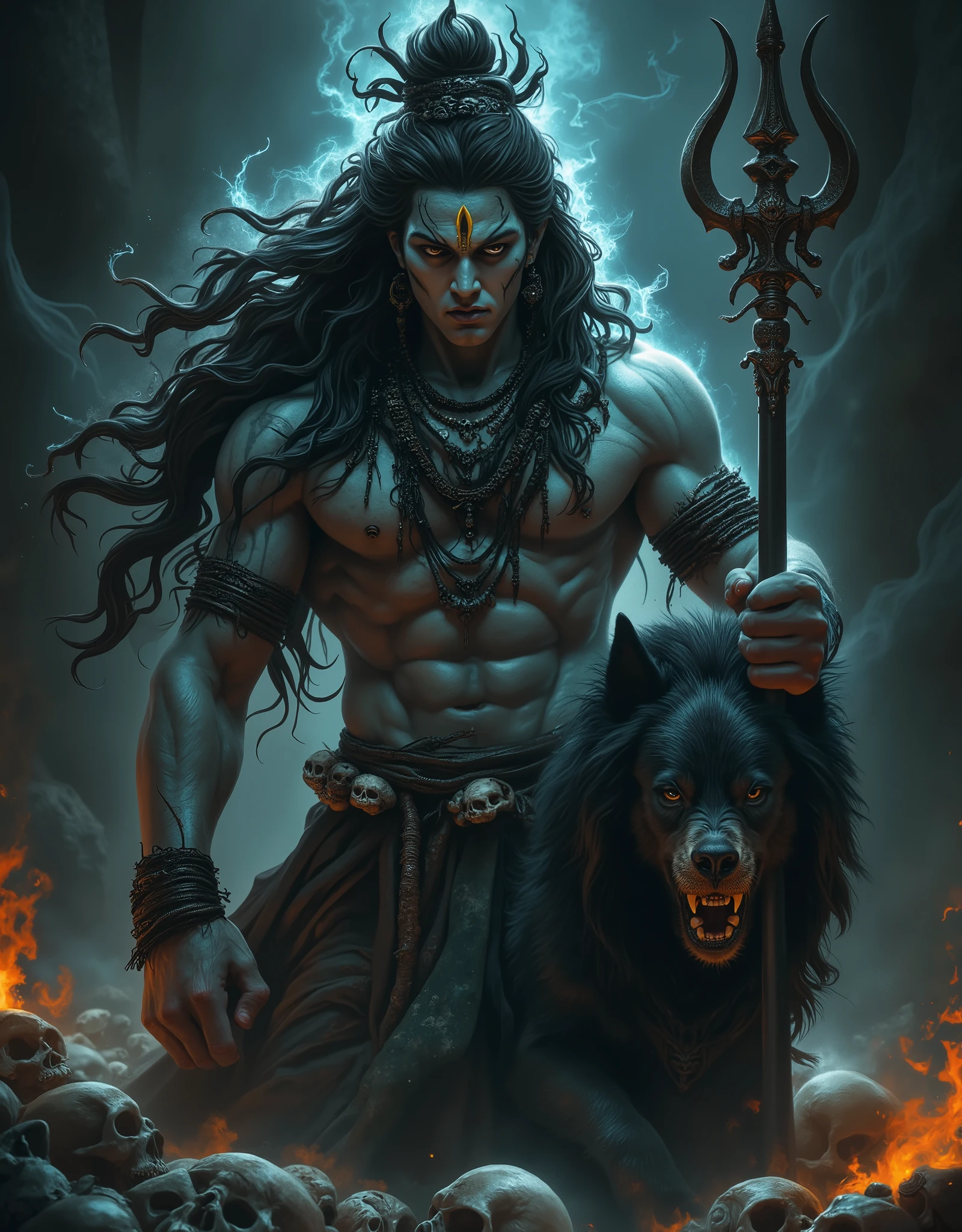 ((Close up))) ((Very Tall and big)), hyper detailed and perfect Portrait of Lord Shiva ,very handsome fierce expression,ferocious look, looking at me, head down, (((fierce expression on face))), young, ((long black floating hair, wearing skulls in neck, skull garland, skull mala, wearing red robes))) ((red robes))) ((perfect skull garland)), holding his trishul((trident)) ((perfect trishul)) , sitting on a rock in a cave with his pet dog (((black ferocious big dog))) cave theme, dark background, dreamy dark environment, dark dreamy atmosphere, fire in bg, smoke in foreground, skulls here and there ((skulls)) uhd, shot taken by Sony 55 mm lens, with f -1. 2, sharpness -1. 2, 32k resolution, 8k quality, ultra high definition, uhd, niji express, niji mixed realism, perfect shoot, perfect skull mala, perfect skull Garland, skulls on the chest as Garland