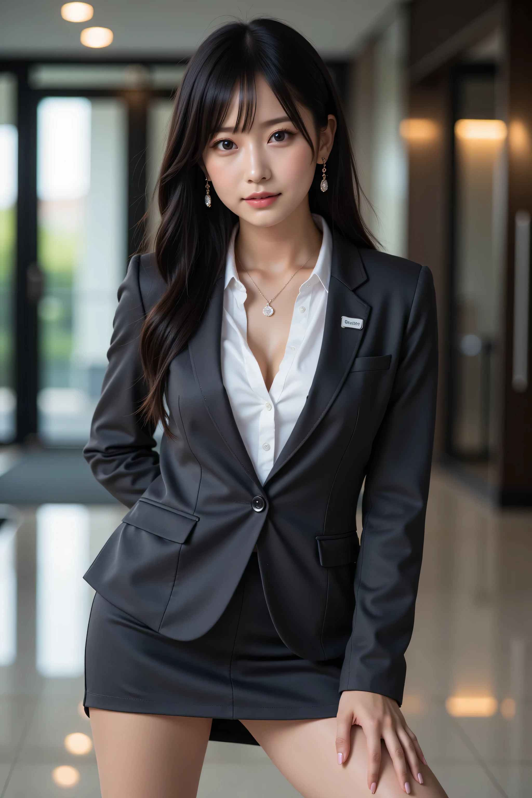 highest quality, fashionable long black hair, professional office lady with long black hair, dynamic squat pose, ultra-fine eye and skin details, studio lighting, 30 years old, black eyes, elegant, moderate chest, full pouty lips, earrings, necklace, charcoal tight suit, white blouse, miniskirt, high heels, name tag, long sleeves, modern office lobby, gentle motion blur, side-facing perspective, composed, intent look, cowboy shot angle, full body