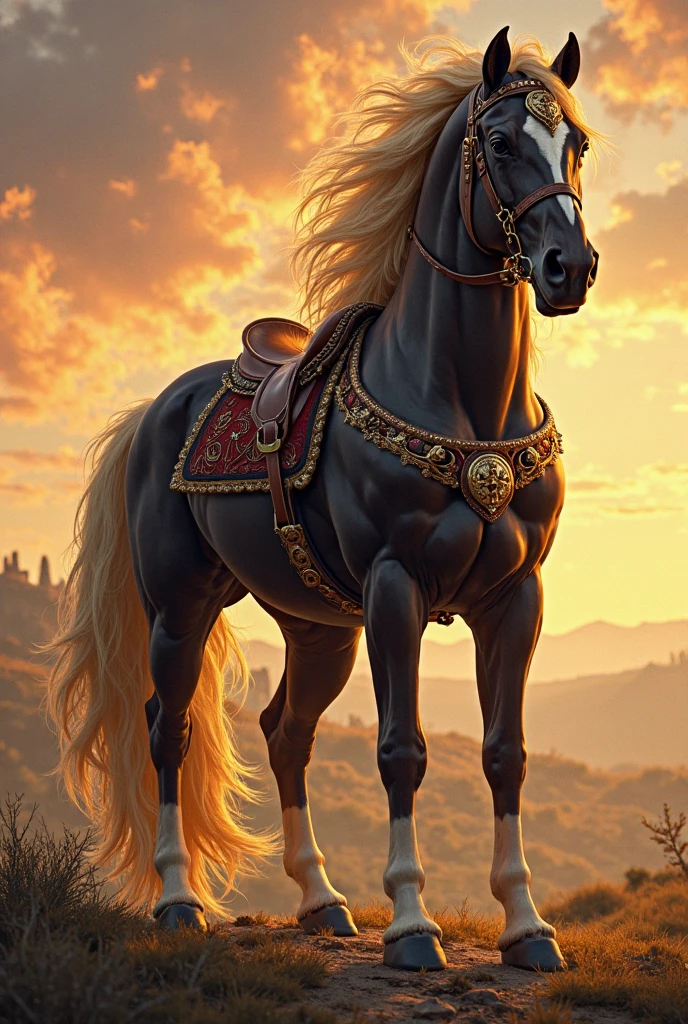 Humanoid horse with Aztec features and airplane in the background ready to fight