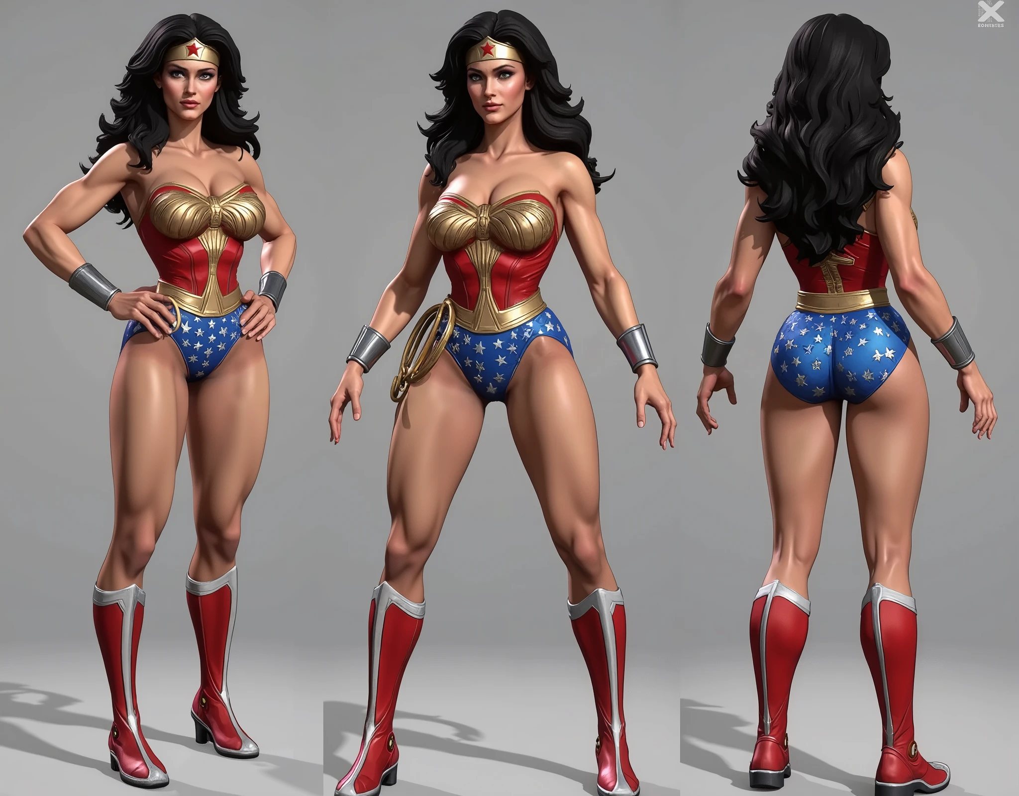 a gorgeous Wonder woman in a tight red and blue costume, long dark hair, beautiful detailed eyes, striking facial features, muscular athletic physique, digital painting, intricate detailed rendering, hyper realistic, 8k, vibrant colors, highly detailed, grey background, full body, character design sketch in various perspectives, rear, front, 3 /4, profile