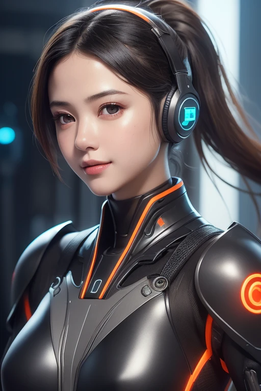 Top Quality, Masterpiece, Ultra High Resolution, (Photorealistic: 1.4), Raw Photo, 1 Girl, Black Hair, Glossy Skin, 1 Mechanical Girl, (((Ultra Realistic Details)), Portrait, Global Illumination, Shadows, Octane Rendering, 8K, Ultra Sharp, Intricate Ornaments Details, realistic skin, sweat effect, ((wearing Headphone)), very intricate detail, realistic light, CGSoation trend, brown eyes, glowing eyes, matte black and glossy orange mechanical bodysuit, Long hair, black hair, Ponytail hair, full body shot, spaceship bridge background, dynamic pose, cute smile, close up, Open Mouth, facing audience, playing electric guitar, in front of microphone,