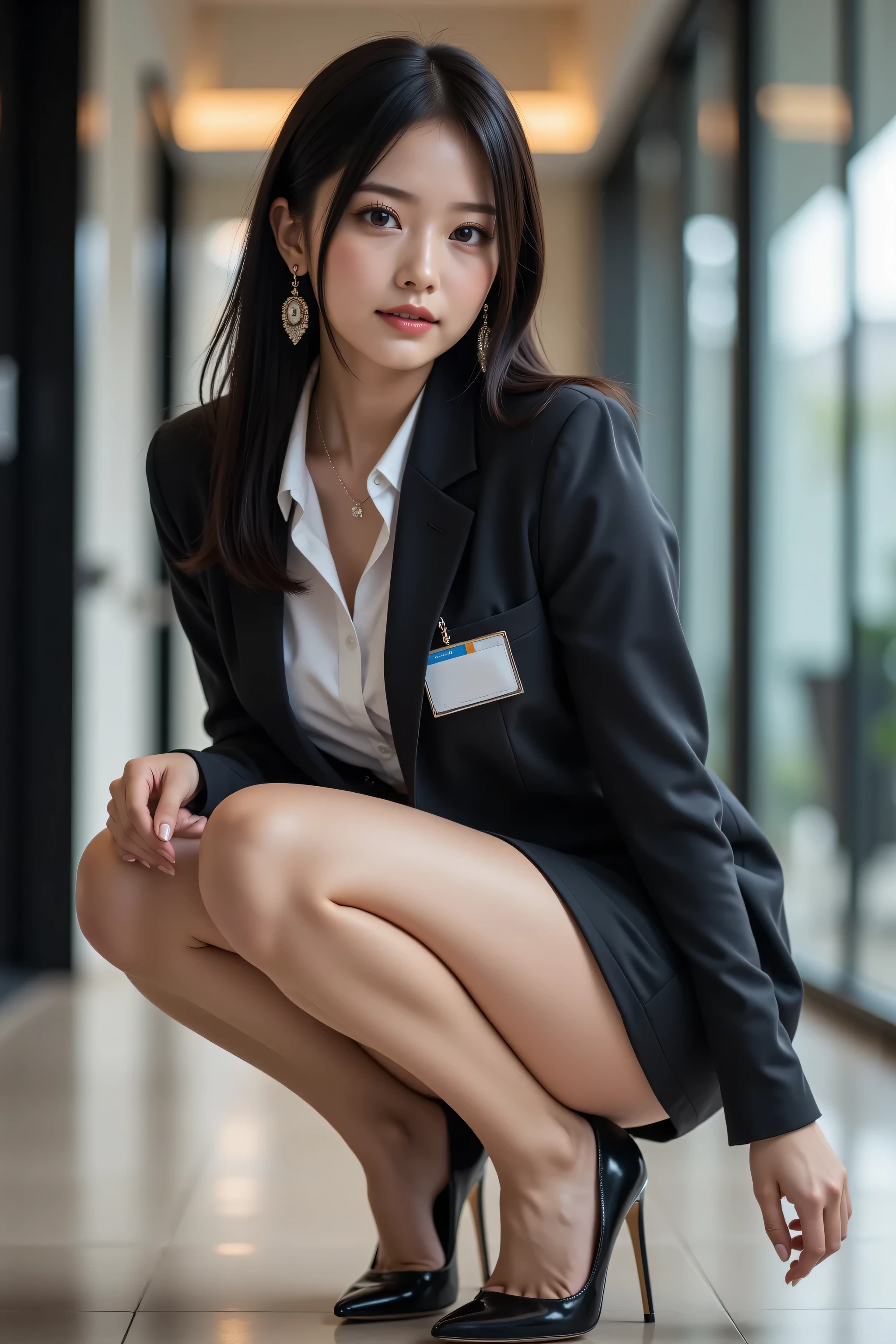 highest quality, stylish long black hair, professional office lady with long black hair, dynamic squat pose, ultra-detailed eyes and skin, studio lighting, 30 years old, black eyes, sophisticated, moderate chest, plump lips, earrings, necklace, charcoal tight suit, white blouse, miniskirt, high heels, name tag, long sleeves, modern office lobby, slight motion blur, side-facing profile, composed, focused, cowboy shot angle, full body