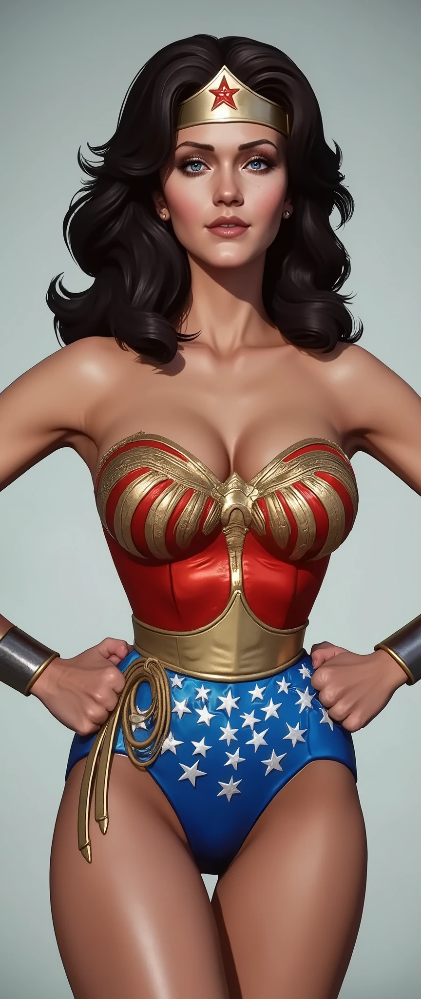 a gorgeous Wonder woman in a tight red and blue costume, long dark hair, beautiful detailed eyes, striking facial features, muscular athletic physique, digital painting, intricate detailed rendering, hyper realistic, 8k, vibrant colors, highly detailed, grey background