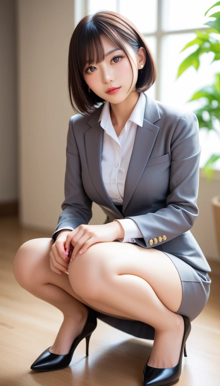 score_9, score_8_    up, score_7_    up, s    uper detailed,     realistic photo of the garden  、 REAL SKIN、 alone、    beautiful Japanese woman ,    thin waist,    Bask in natural light 、 Exposing Genitals to Growing Skin  ,  Grey suit,  or,    office女性スタッフ , Chanel style suit     ,   miniskirt,    office, Mesa, Thin face,  short hair, presentations are being held、   my white blouse is about to tear  、Big Breasts 、Pick  up a ballpoint pen that fell to the floor 、   stockings 、   Miguel's high heels、Adult Make up、Crouching with both knees aligned  、   is crouching with his legs closed 、  Elegant  、Close your knees
