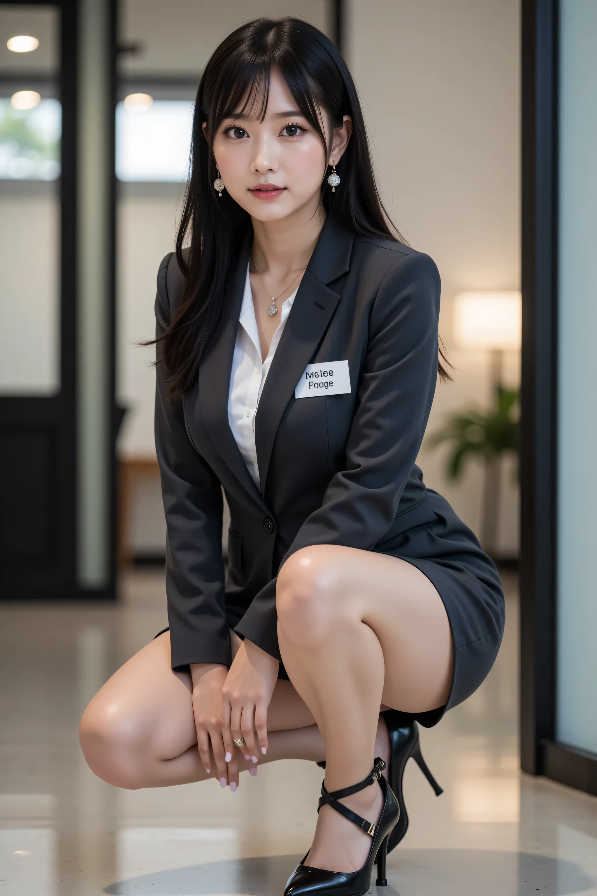 highest quality, stylish long black hair, professional office lady with long black hair, dynamic squat pose, ultra-detailed eyes and skin, studio lighting, 30 years old, black eyes, sophisticated, moderate chest, plump lips, earrings, necklace, charcoal tight suit, white blouse, miniskirt, high heels, name tag, long sleeves, modern office lobby, slight motion blur, side-facing profile, composed, focused, cowboy shot angle, full body