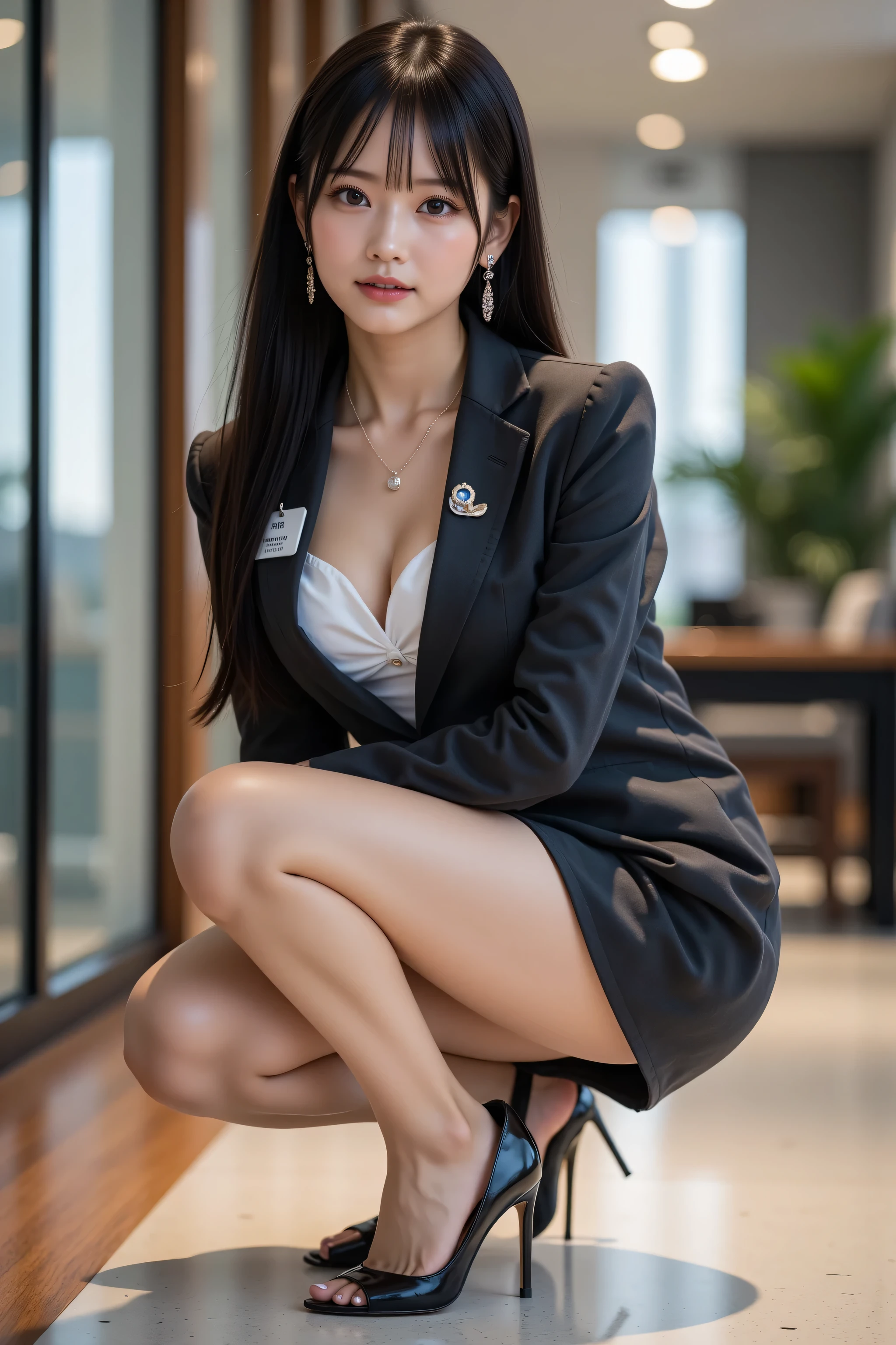 highest quality, stylish long black hair, professional office lady with long black hair, dynamic squat pose, ultra-detailed eyes and skin, studio lighting, 30 years old, black eyes, sophisticated, moderate chest, plump lips, earrings, necklace, charcoal tight suit, white blouse, miniskirt, high heels, name tag, long sleeves, modern office lobby, slight motion blur, side-facing profile, composed, focused, cowboy shot angle, full body