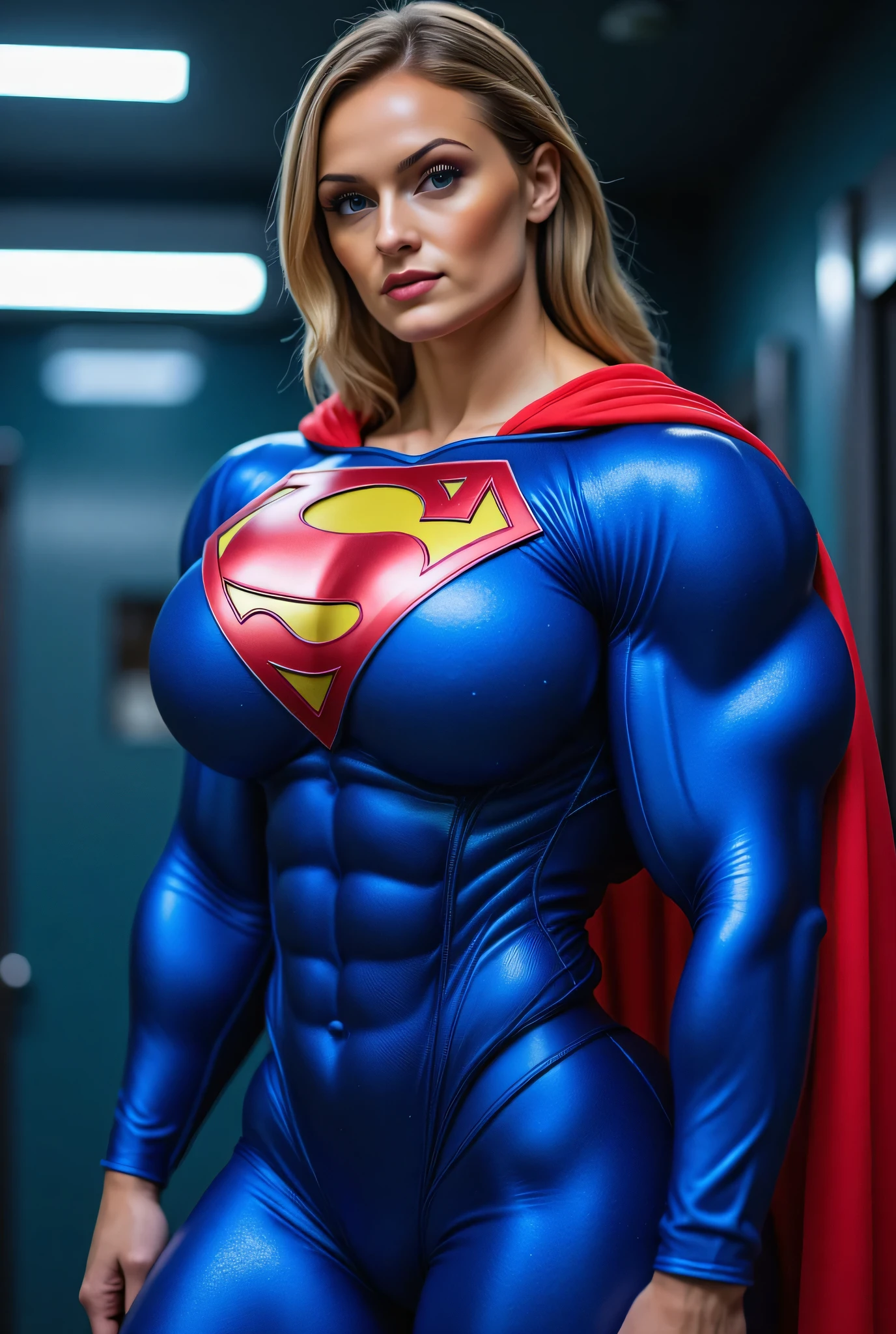 SUPERGIRL TRYING-ON HER GLOSSY BLUE SUPER SUIT FOR THE VERY FIRST TIME (((her super suit is stretched to its limits, by her gigantic bulging muscles))) (hypermuscle:1.3). she is in a futuristic sci-fi laboratory. in awe of her new look (((her muscles are massive, bulging and vascular))) a beautiful 22 year-old girl, Is now the Supergirl of her dreams. she is wearing a skintight glossy blue zentai bodysuit. she has the iconic super s on her chest. shiny red boots and cape. she transforms into a muscle-bound superheroine. (((she now has the muscle-bound physique better than a professional heavyweight bodybuilder))) (((her arms are normal length. they are extremely muscular. her hands are normal size)))