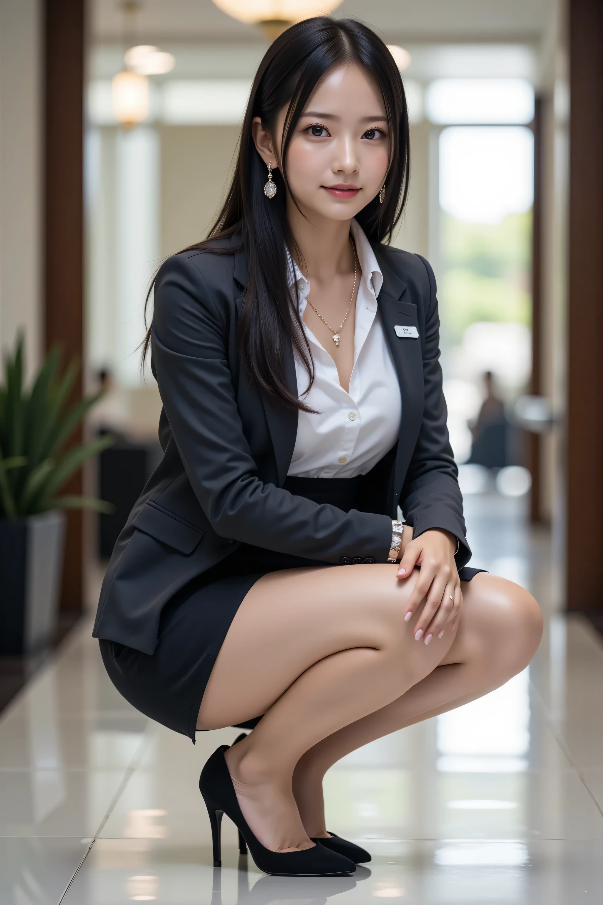 highest quality, sleek long black hair, professional office lady with long black hair, dynamic squat pose, detailed eyes and skin texture, studio lighting, 30 years old, black eyes, graceful, moderate chest, plump lips, earrings, necklace, charcoal tight suit, white blouse, miniskirt, high heels, name tag, long sleeves, modern office lobby, light motion blur, side profile view, composed, focused expression, cowboy shot angle, full body