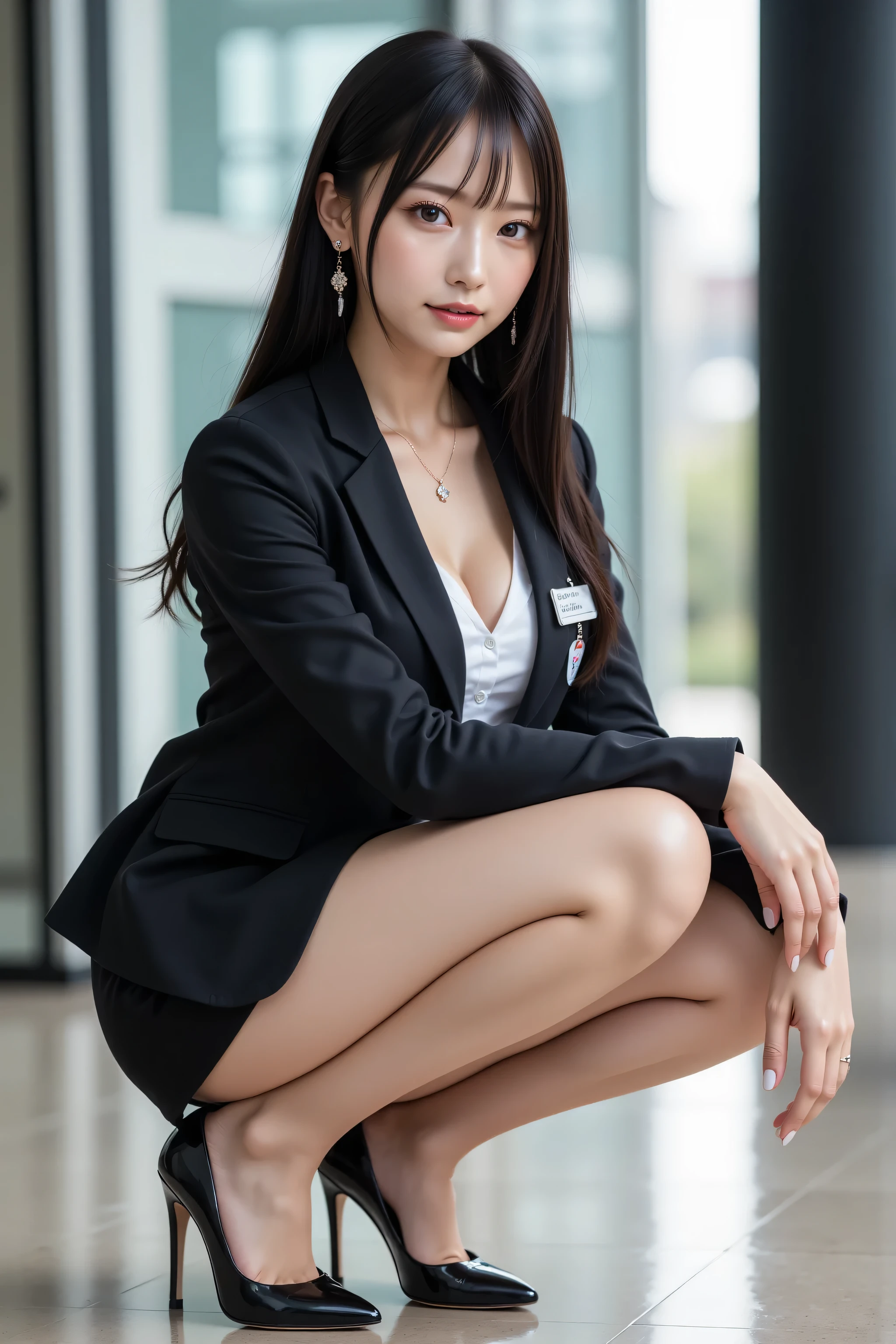highest quality, sleek long black hair, professional office lady with long black hair, dynamic squat pose, detailed eyes and skin texture, studio lighting, 30 years old, black eyes, graceful, moderate chest, plump lips, earrings, necklace, charcoal tight suit, white blouse, miniskirt, high heels, name tag, long sleeves, modern office lobby, light motion blur, side profile view, composed, focused expression, cowboy shot angle, full body
