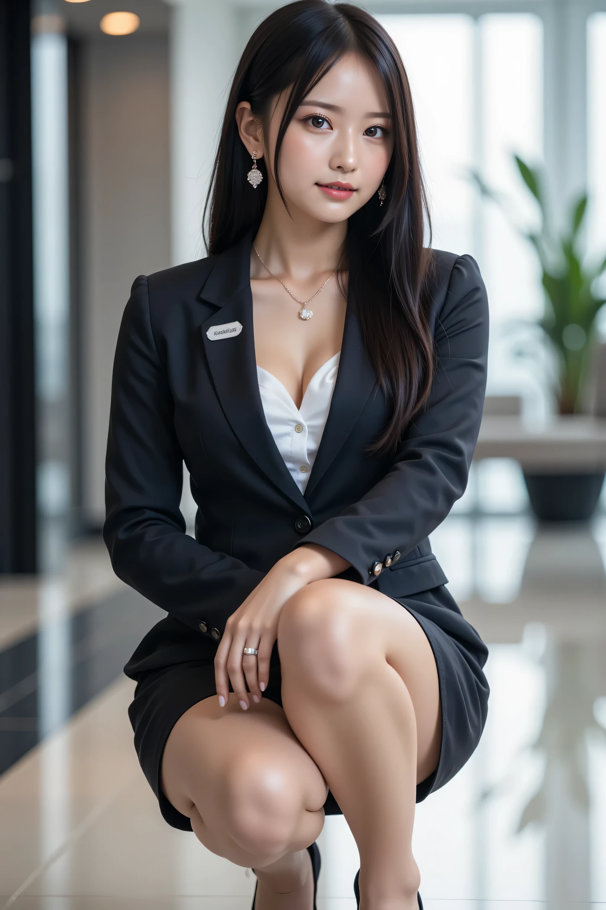 highest quality, sleek long black hair, professional office lady with long black hair, dynamic squat pose, detailed eyes and skin texture, studio lighting, 30 years old, black eyes, graceful, moderate chest, plump lips, earrings, necklace, charcoal tight suit, white blouse, miniskirt, high heels, name tag, long sleeves, modern office lobby, light motion blur, side profile view, composed, focused expression, cowboy shot angle, full body