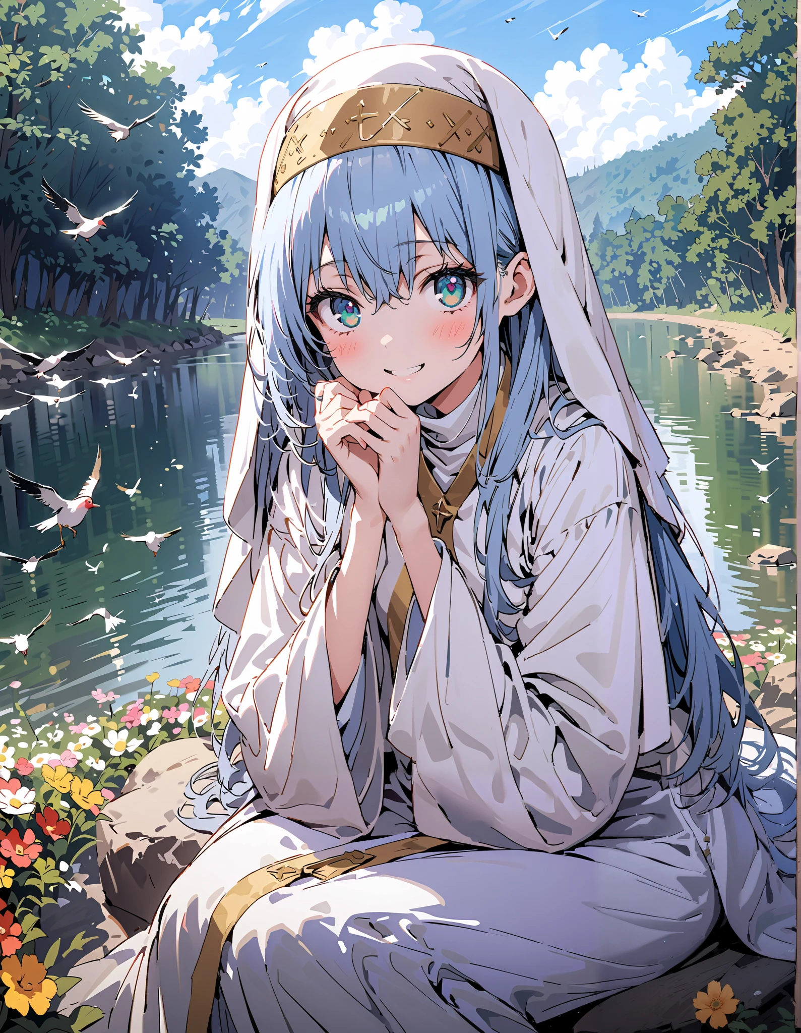 Prohibited bibliography, green eye, Blue Hair, long hair,smile,blush, close your mouth,break habit, Long Sleeve, nun, robe, white robe, wide sleeve,long skirt, Bbo~,sitting on a rock, birds are flying,river,Flower Field,whole bodyがイラストに入るように, break outdoors,forest,
break looking at viewer,whole body,
break (masterpiece:1.2),TOP QUALITY , kampala, Unity 8K Wallpaper ,(shape:0.8),( fine, beautiful eyes :1.6),It's a person ,whole body写真,CG Details , ( perfect hands,Complete Anatomy),