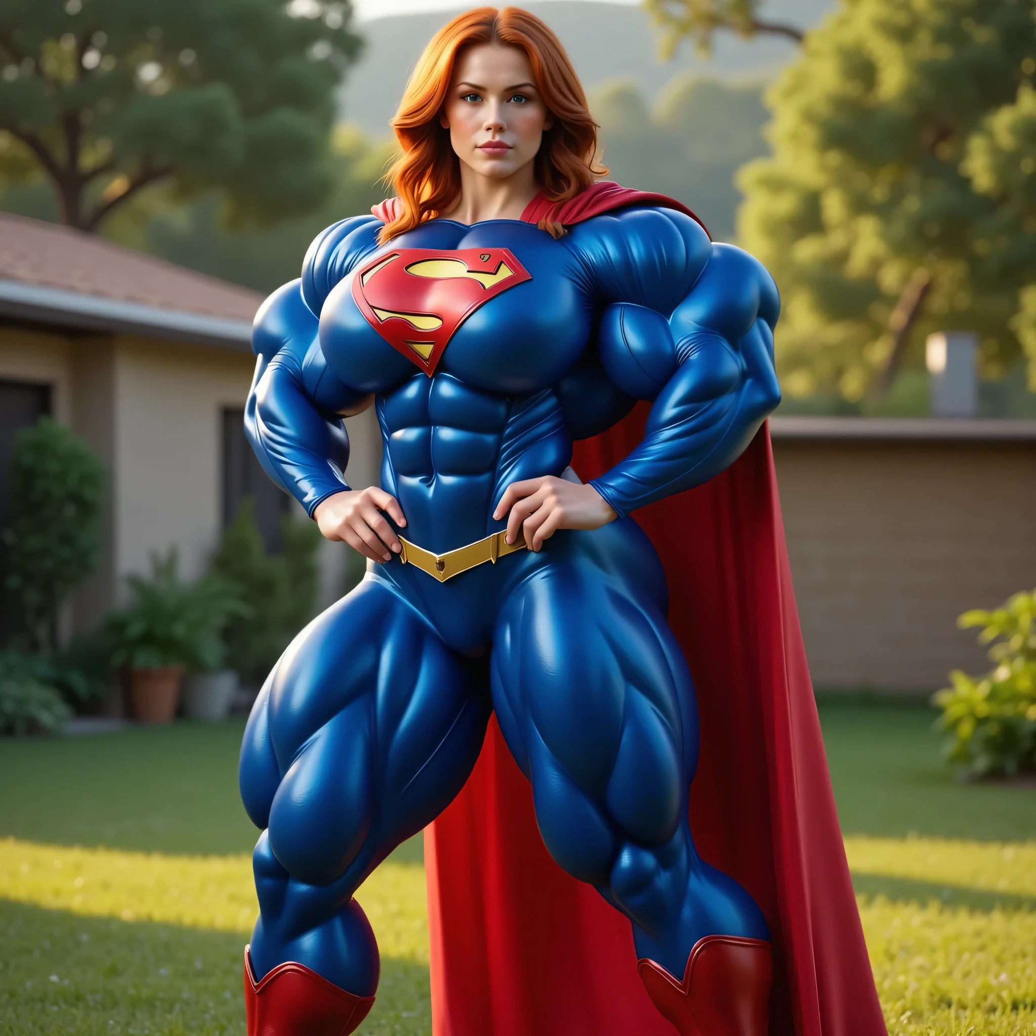 (((SHOWING OFF HER PERFECT HARD ASS)) SUPERGIRL TRYING-ON HER GLOSSY BLUE SUPER SUIT FOR THE VERY FIRST TIME (((her super suit is stretched to its limits, by her gigantic bulging muscles))) she is outside. she has red hair. awe of her new look (((her muscles are massive, bulging and vascular))) a beautiful 22 year-old girl, Is now the Supergirl of her dreams. she is wearing a skintight glossy blue zentai bodysuit. she has the iconic super s on her chest. shiny red boots and cape. She has found a small piece of pink kryptonite that is the size of a golf ball. The pink kryptonite gave her immense strength and power. It transforms her into a muscle-bound superheroine. The super transformation is complete. (((she now has the muscle-bound physique better than a professional heavyweight bodybuilder))) (((her arms are normal length. they are extremely muscular. her hands are normal size)))
