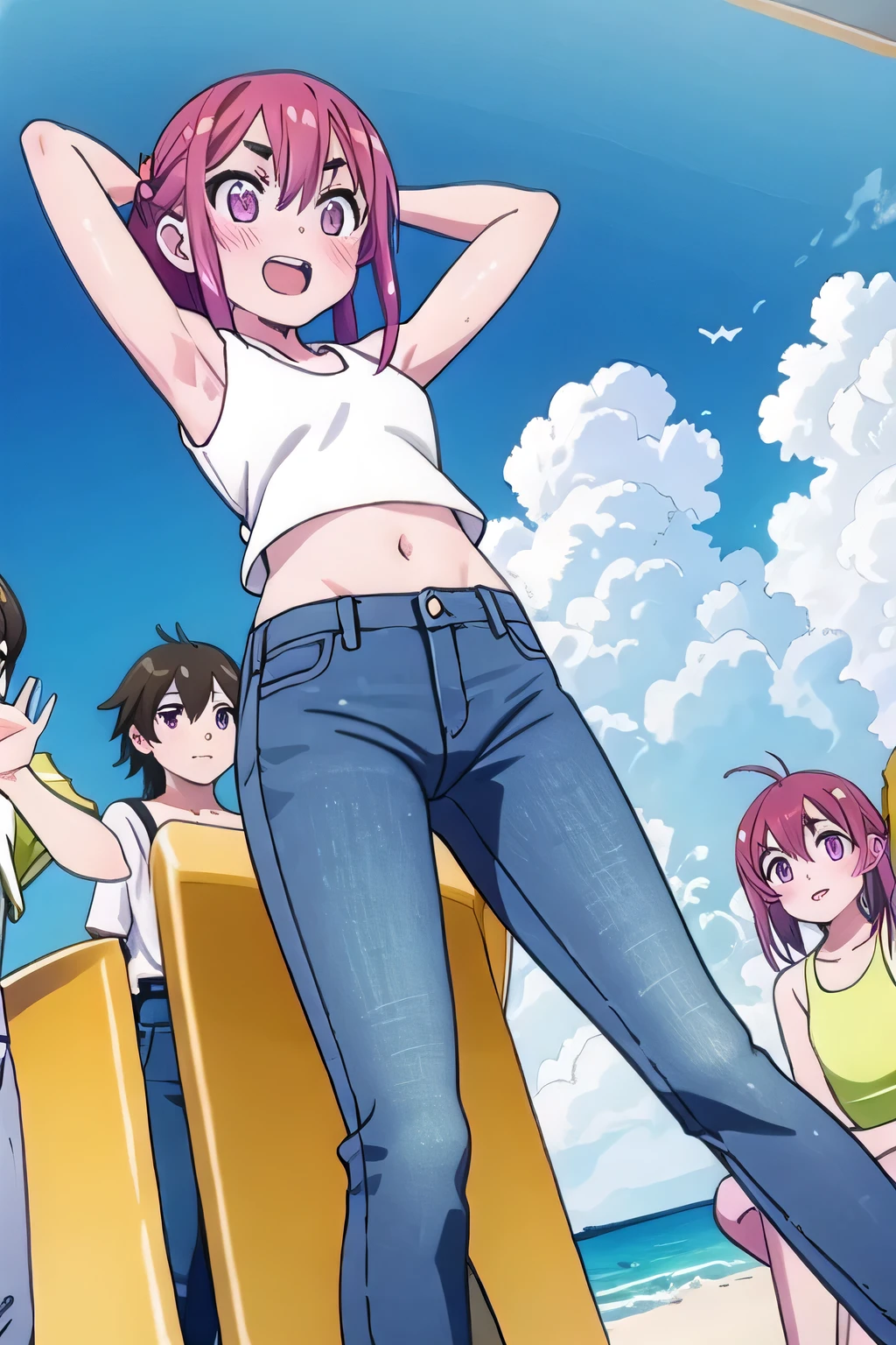 masterpiece,best quality,ultra detail, ((Perfect Face, Perfect Arms, Perfect hands, Perfect Fingers)), 1girl, 14yo, petite, ((round face, ecstasy, orgasm face, drooping eyes, shame smiling, blush)), dropping eyes, sleepy, Open mouth, ((White teeth)), background((under the beach, (day:1.2), bright sky)), sumi sakurasawa, bangs, (pink eyes:1.3), hair between eyes, pink hair, braid, hair bow, thick eyebrows, ((arms behind head, hands behind head, fingers behind head)), ((contrapposto)), spread armpits, looking at viewer,, (white tank top:1.2), (white crop top:1.2), (jeans pants:1.2, flares jeans:1.2, skinny jeans:1.2, blue jeans:1.2), standing, (legs spread:1.4), sex pose, Sweaty crotch, Steam from the crotch, from below, whole body