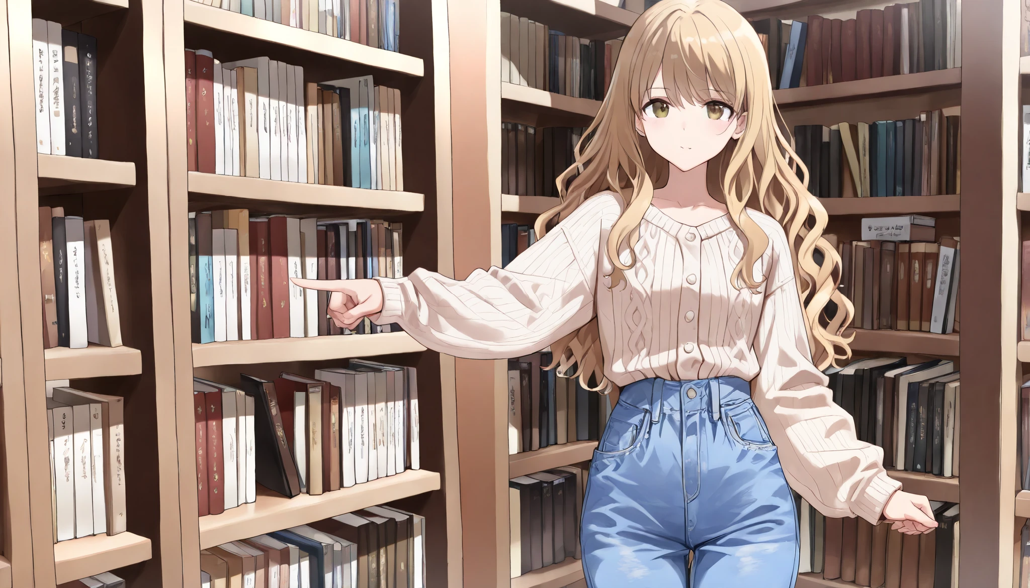 ((Best quality, 8k, Masterpiece: 1.3)), Highly detailed face and skin texture, A young woman stands in front of a large bookshelf in a library, searching for a book. She holds three books in her left arm while pointing at a book on the shelf with her right index finger. ((Her long, wavy hair cascades down to her waist)), She wears a cozy cardigan and a pair of denim pants. The library is softly lit, with rows of books neatly arranged on the wooden shelves. The atmosphere is quiet and serene, evoking a sense of intellectual curiosity.