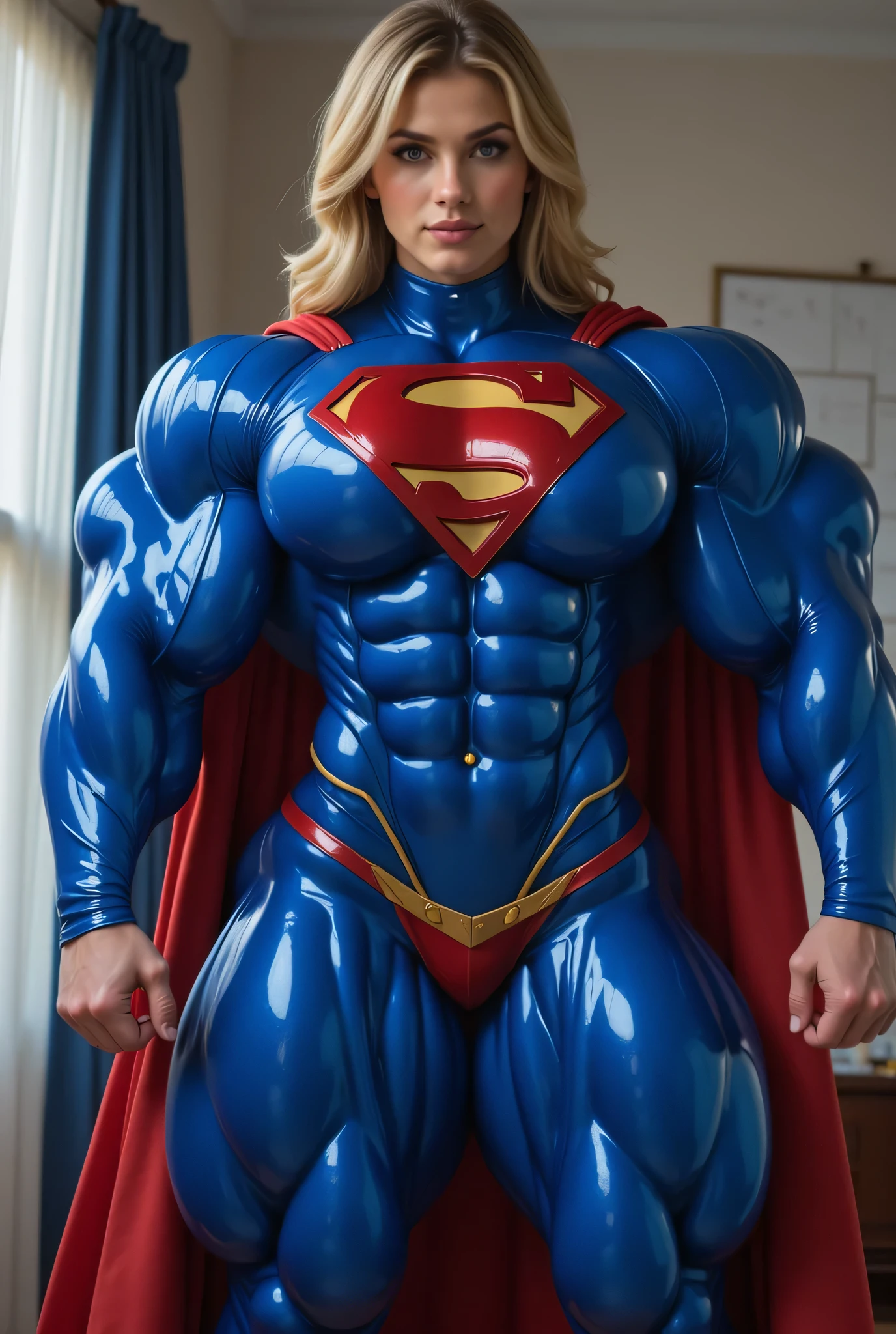 GIANT! HUGE! EXTREME! EXTREMELY Massive hulking huge muscles. extremely muscle bound, CUTE, PRETTY Supergirl. muscles pumped and bulging. A BLUE Shiny tight SUPERGIRL SUIT. HER SLEEVES AND PANTS PACKED WITH LARGE HARD MUSCLES. Supergirl boots. vascular muscles. extreme muscle growth. BLONDE HAIR. ponytail. small waist. small hips. super strength. musclegirl. girlpower. world's most muscular girl. muscle bound physique. ERECT . WIDE BACK. WIDE LATS. HUGE ARMS. V TAPERED PHYSIQUE. LARGE thick neck.