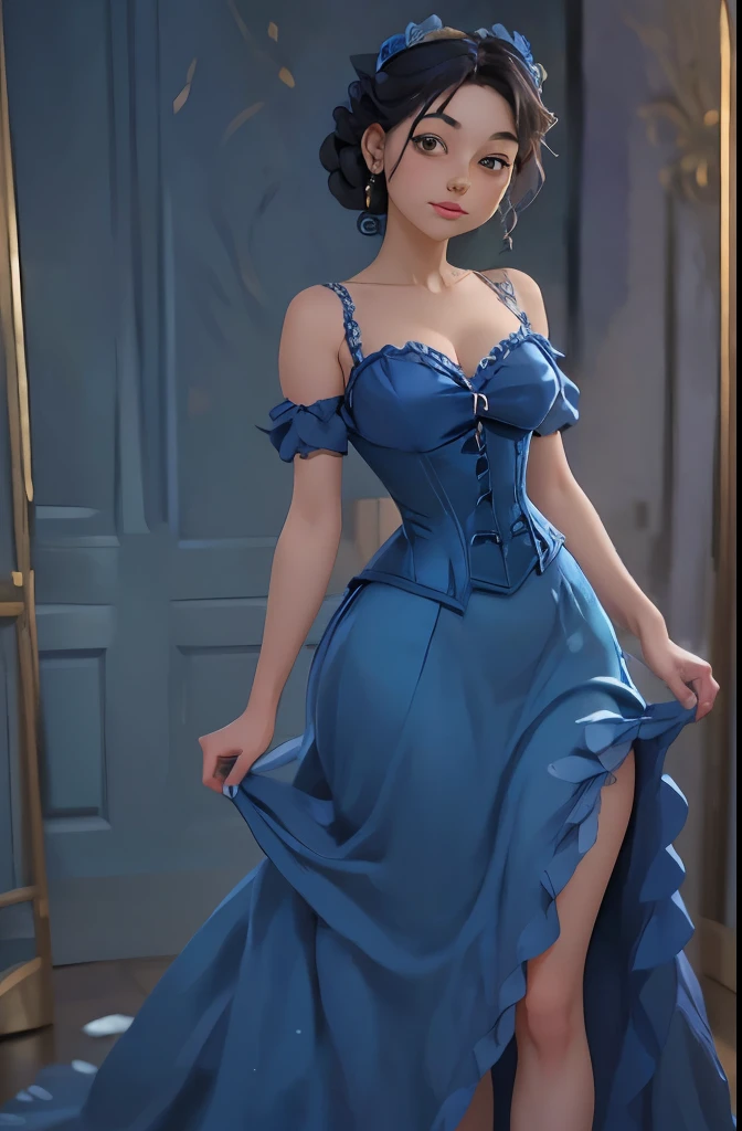 Inside Versailles, in 1789, a perfectly beautiful busty courtesan with auburn hair is standing in her magnificent Renaissance style light blue dress, glamourous jewellery, with a push up corset revealing her big cleavage. Both eyes are closed and her head is in extension, expressing climax. Both her hand are hiding under her dress, as she discretely masturbates under her dress. HQ. Masterpiece. HD.