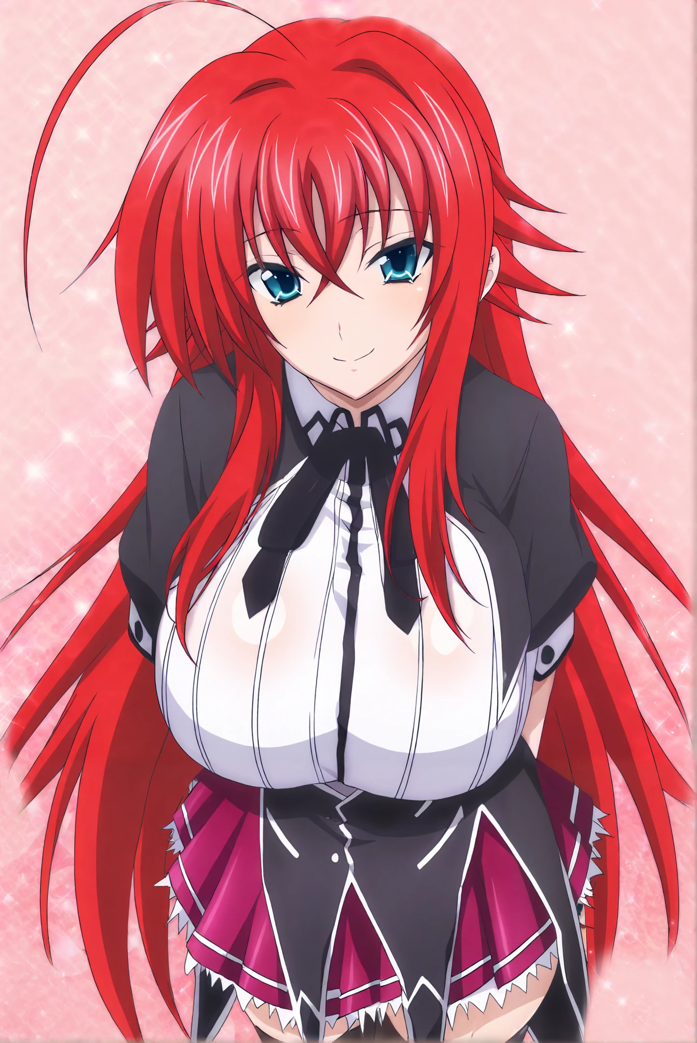 masterpiece, best quality, amazing quality, very aesthetic, absurdres, newest, best quality, anime screencap, anime colored, (detailed eyes:1.2), ri4as-dxd, 1 girl, rias, red hair, huge ahoge,very long hair,blue eyes, deep ocean blue eyes, crossed bangs, huge breasts, shirt, white shirt, skirt, black thighhighs, zettai ryouiki, puffy sleeves, white background, looking at viewer, portrait, smile
